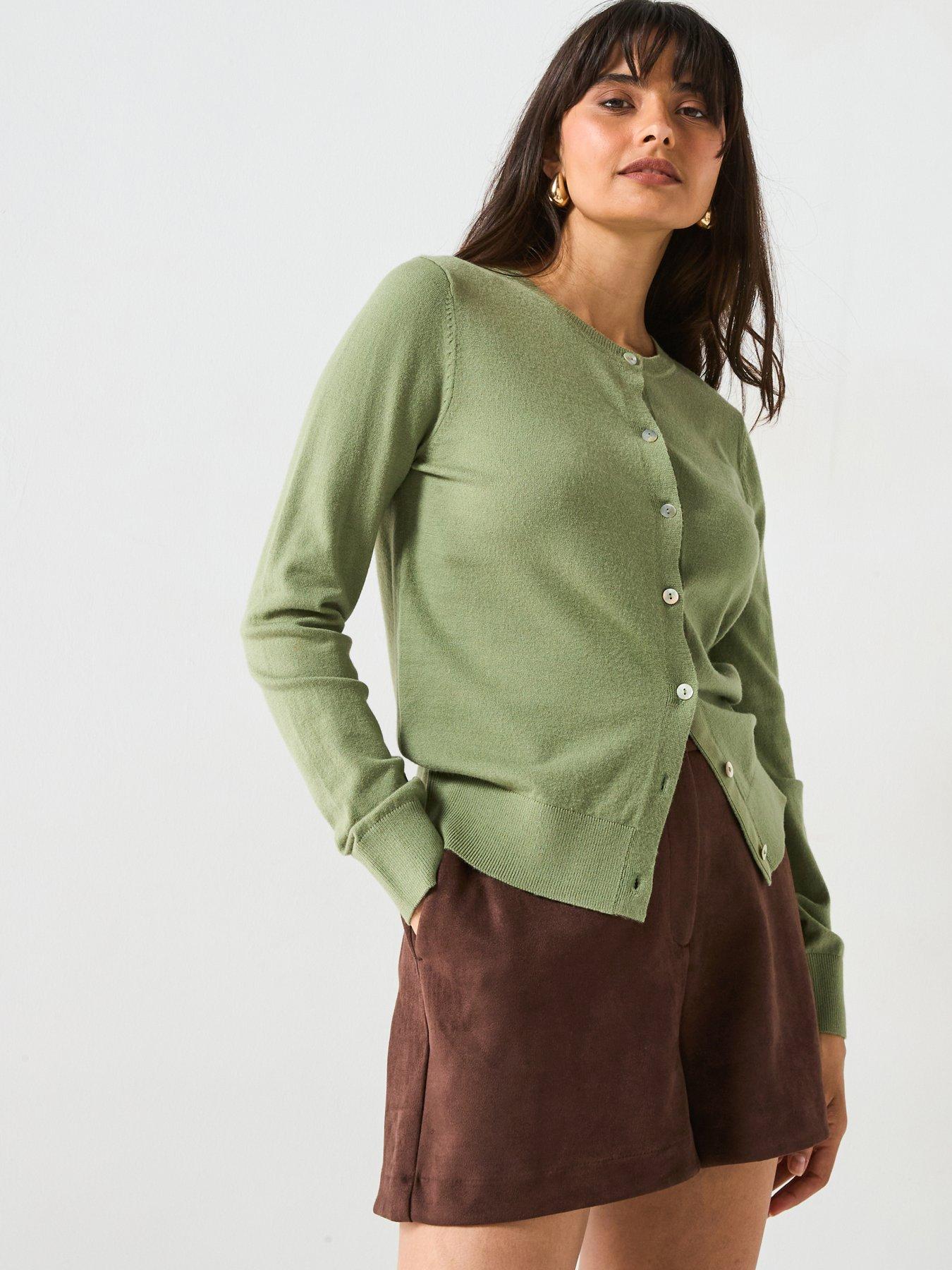 undefined Classic Comfort Crew Neck Cardigan - Sage Green