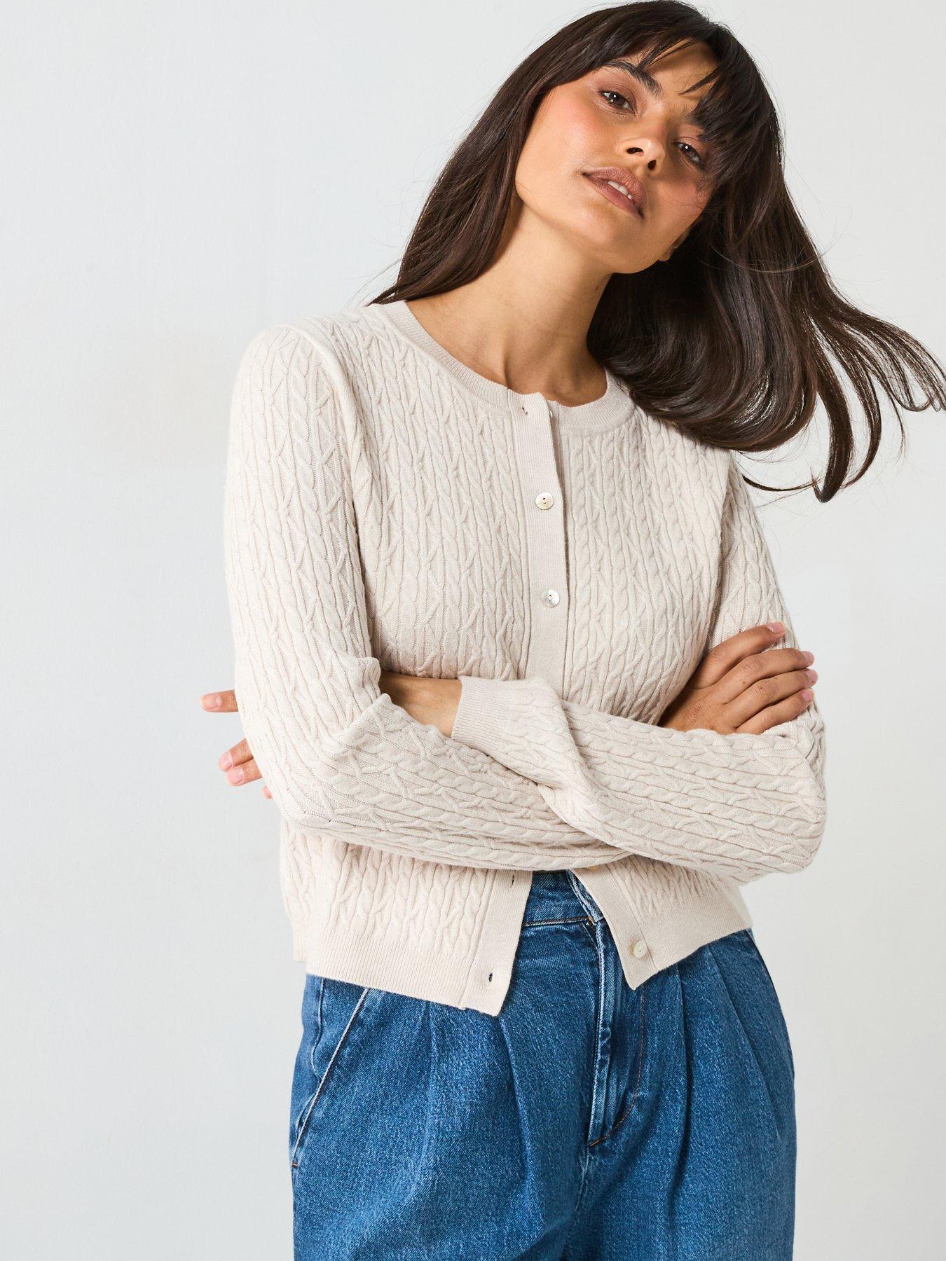 undefined Classic Comfort Crew Neck Cable Cardigan - Cream