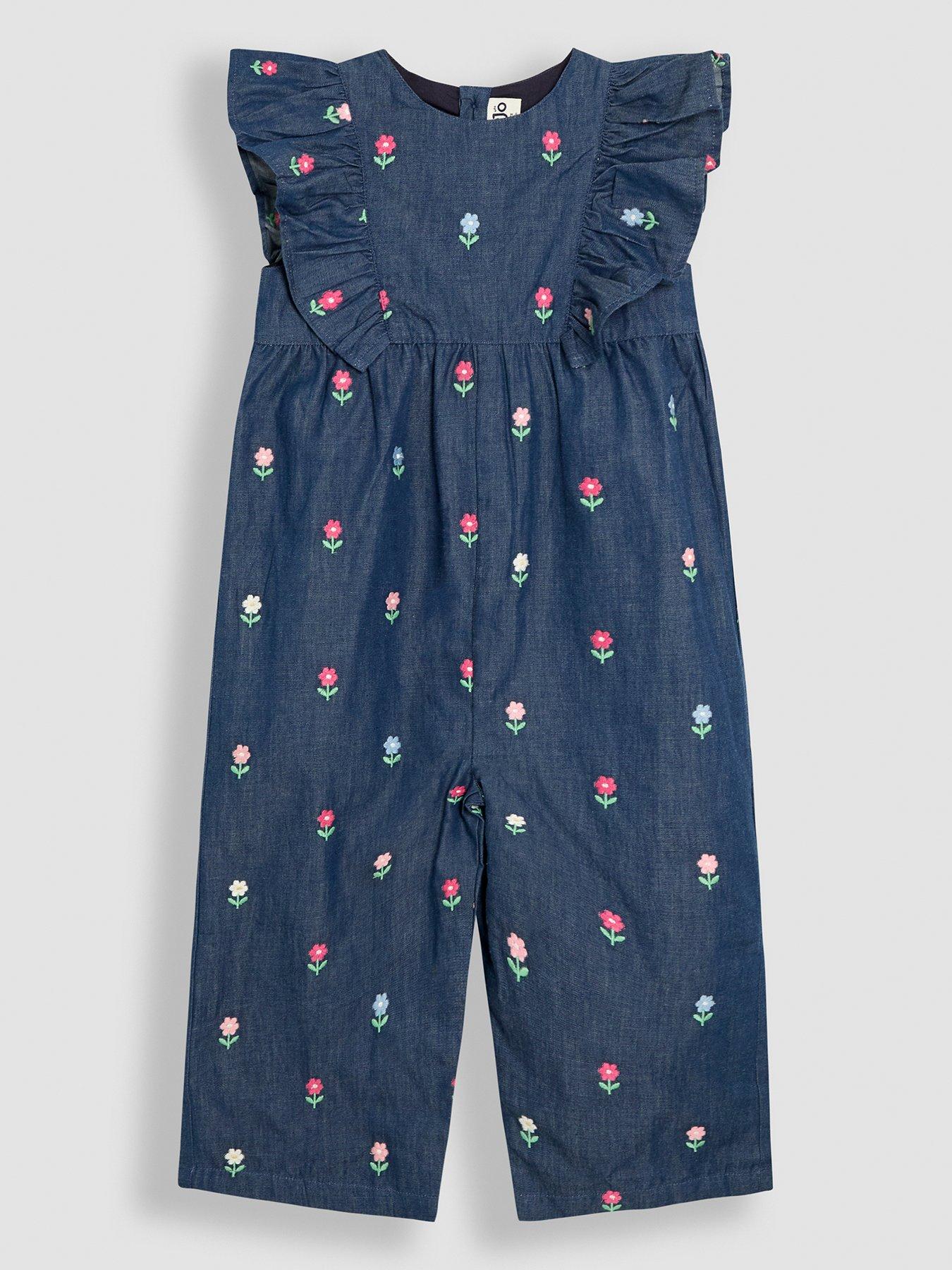 undefined Girls Floral Embroidered Frill Shoulder Jumpsuit - Blue