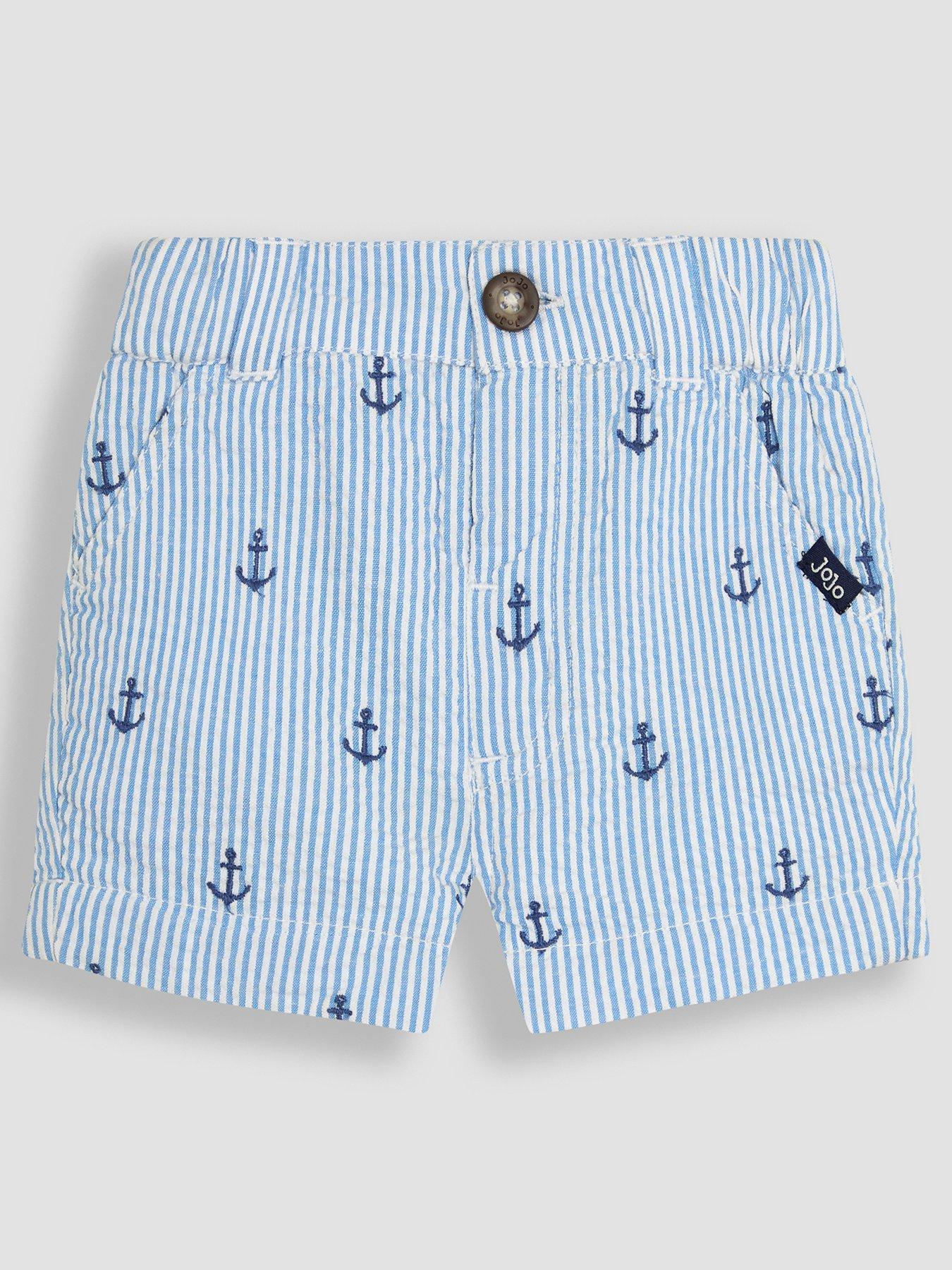 JoJo Maman Bebe Boys Anchor Embroidered Seersucker Short - Blue