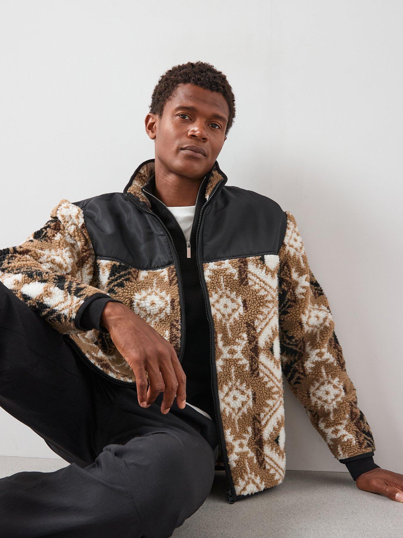 ジャケット・アウター Oversized wool sports jacket The Very Collection Printed Borg Panel Jacket - Black | Very