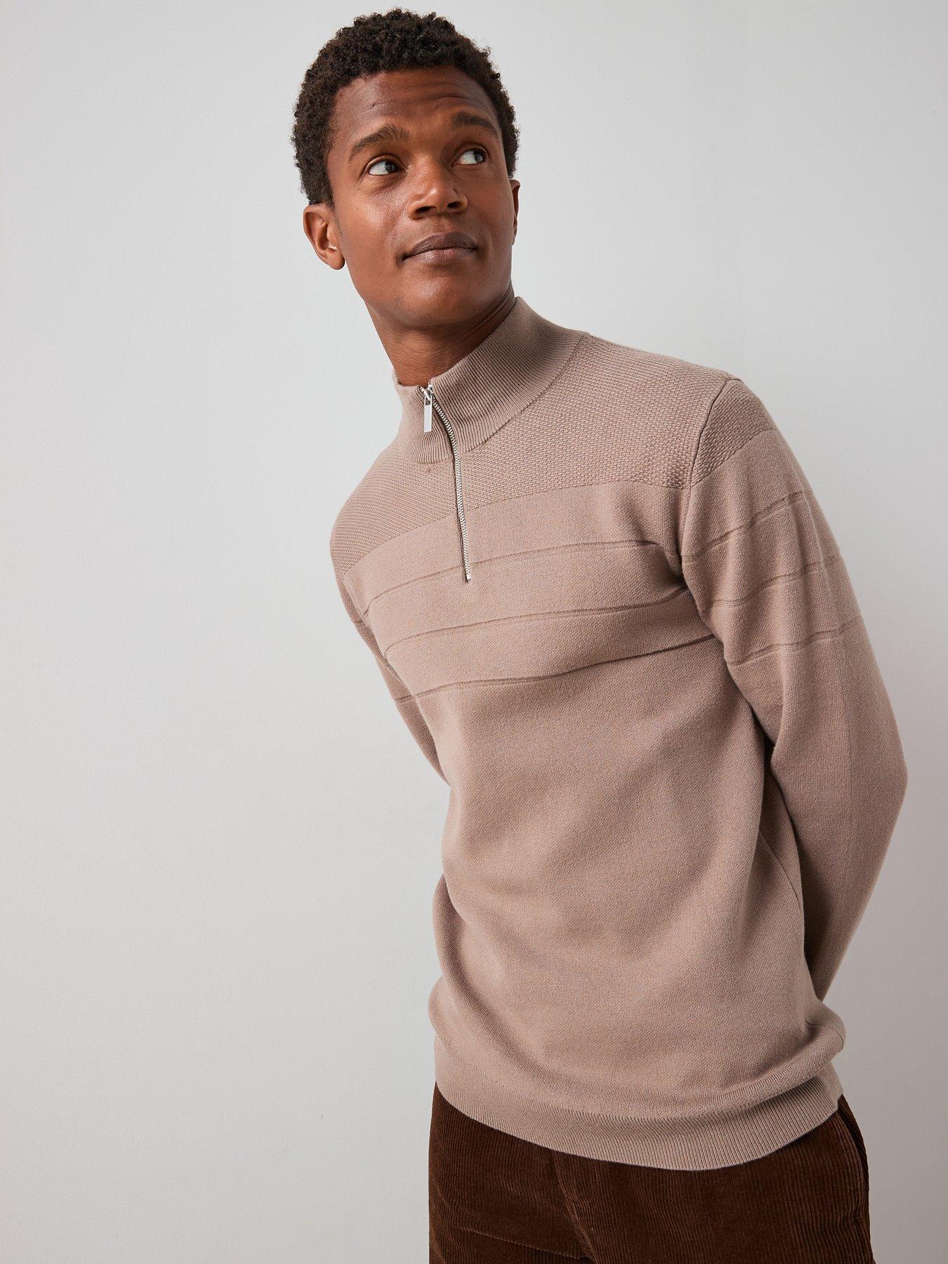 The Very Collection Textured Stripe 1/4 Zip with Cotton - Mushroom