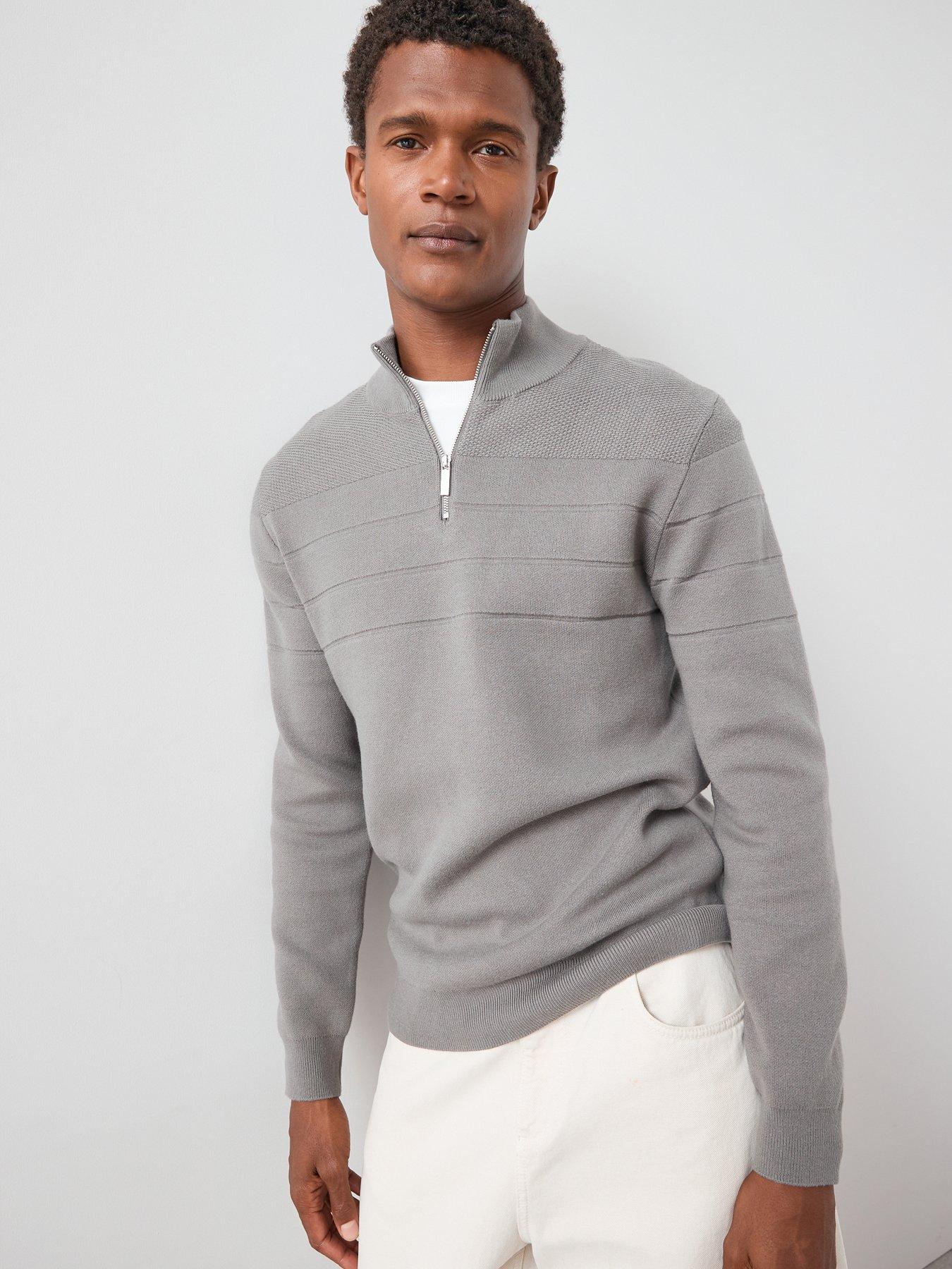 undefined Textured Stripe 1/4 Zip With Cotton - Light Grey