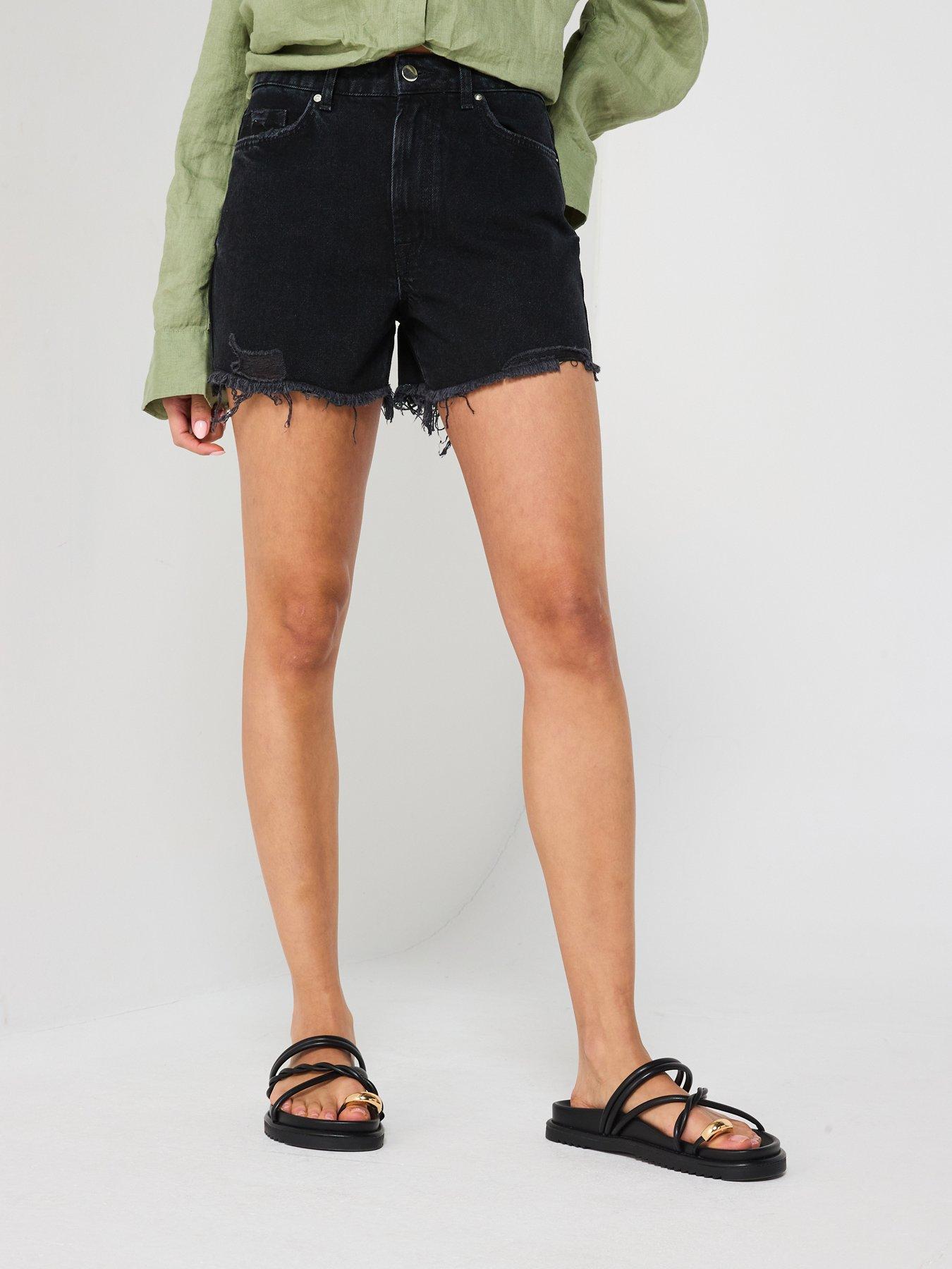 undefined High Waist Distressed Hem Shorts - Black