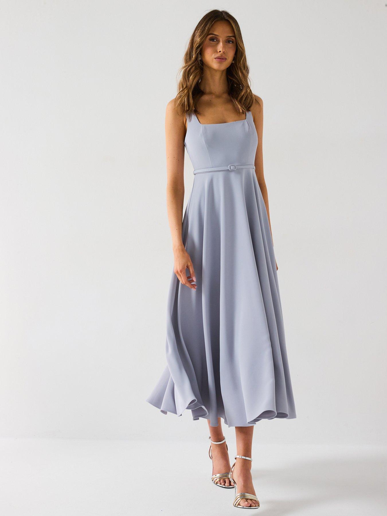 undefined Square Neck Belted Midi Dress