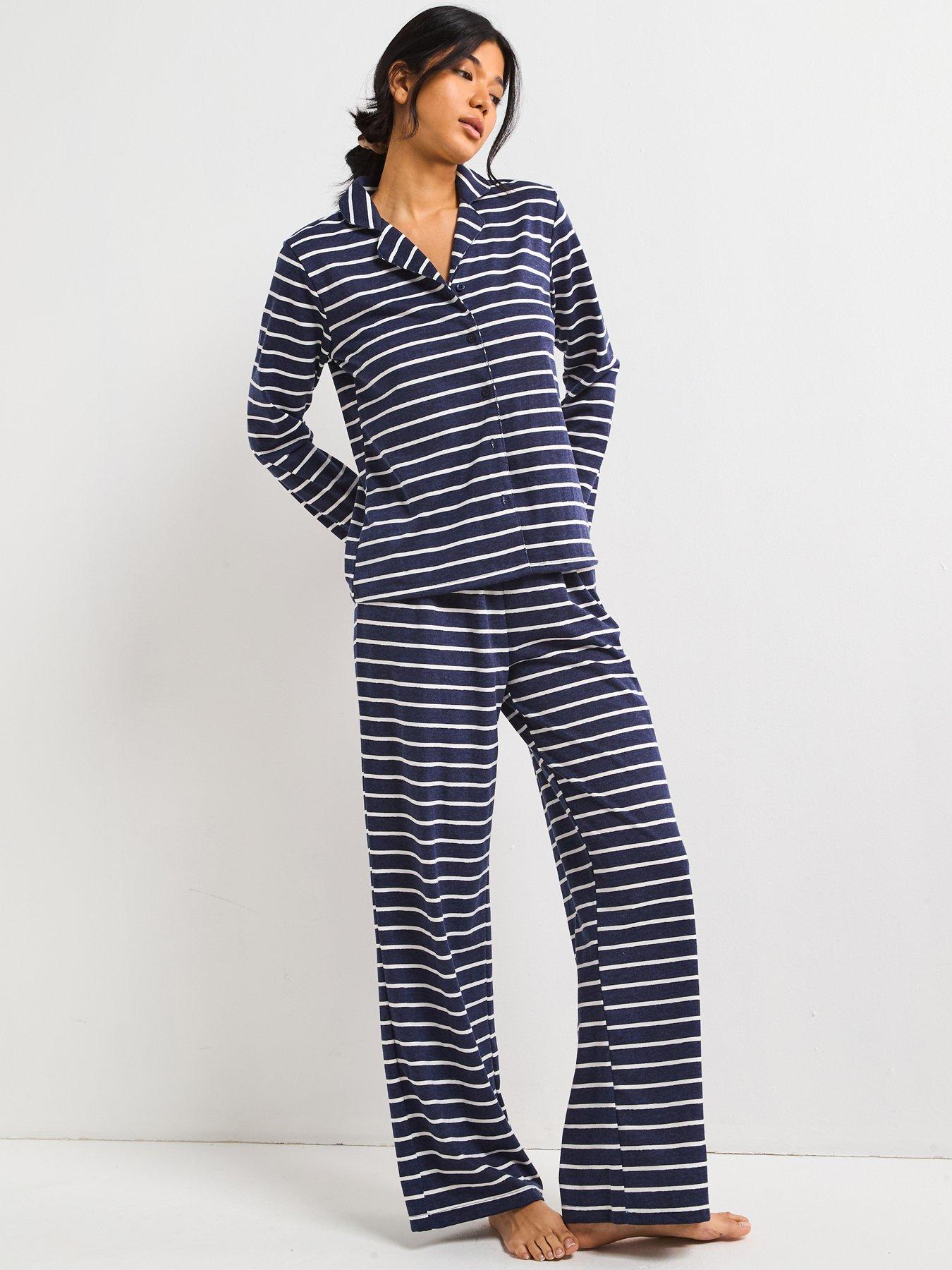 Image 5 of 6 of V by Very Marl Stripe Soft Touch Revere Pyjama Set - Navy