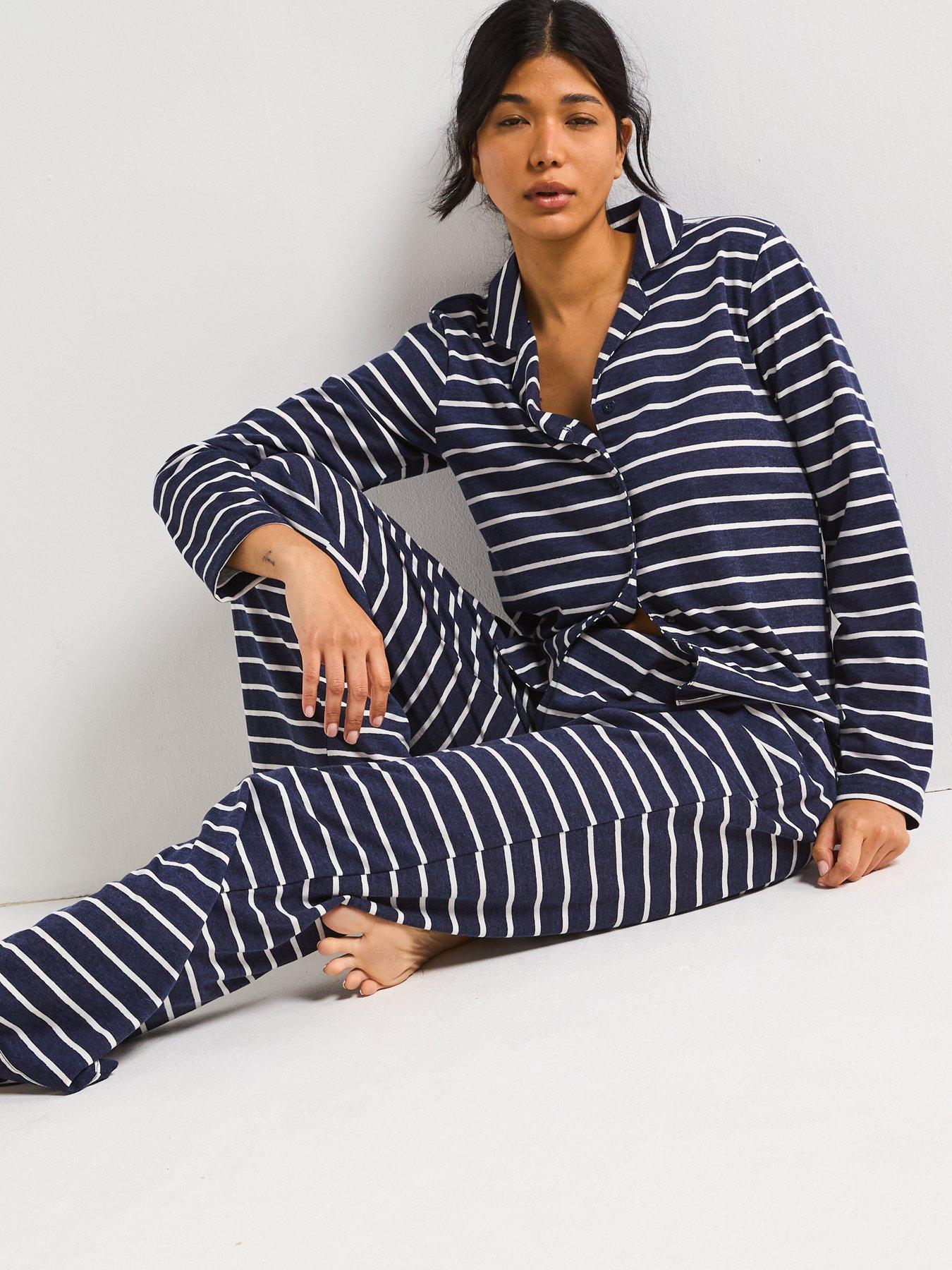 Image 6 of 6 of V by Very Marl Stripe Soft Touch Revere Pyjama Set - Navy