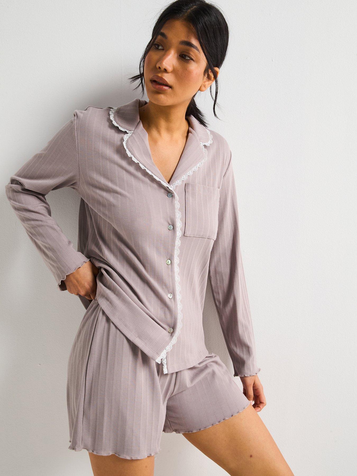 undefined Long Sleeve Jersey Ribbed Short Pj Set - Grey