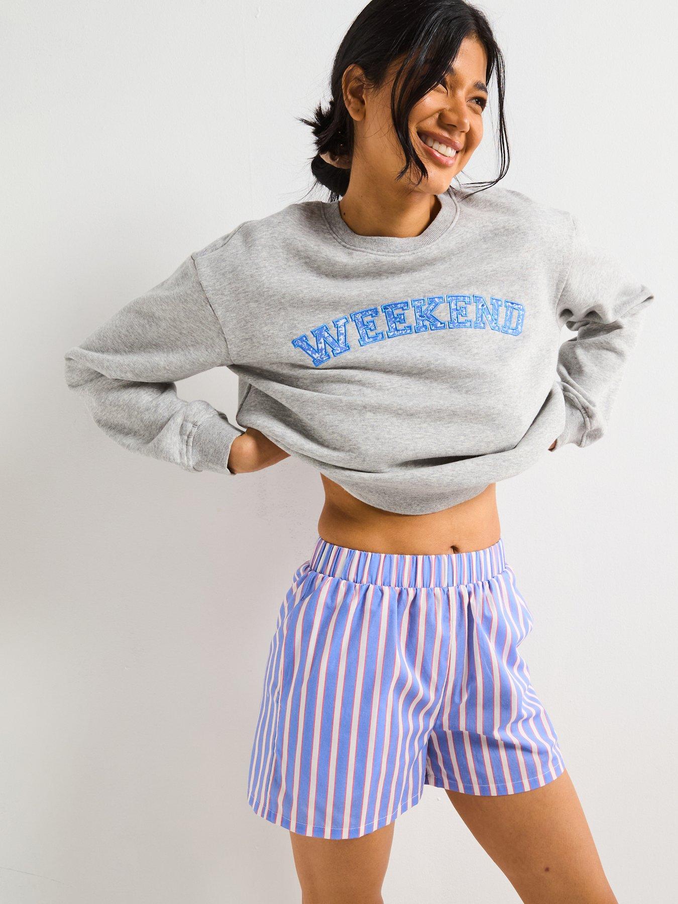 undefined Slogan Sweat And Striped Short Pyjama Set - Grey