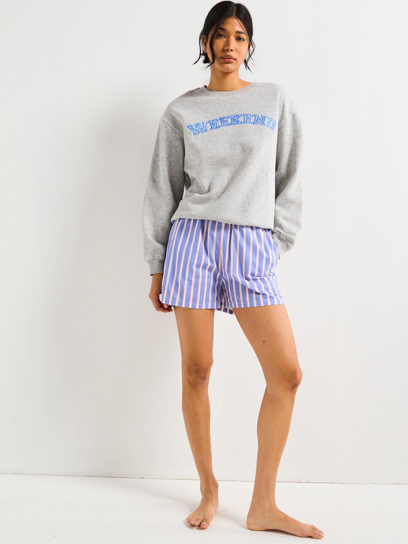Image 3 of 5 of V by Very Slogan Sweat And Striped Short Pyjama Set - Grey