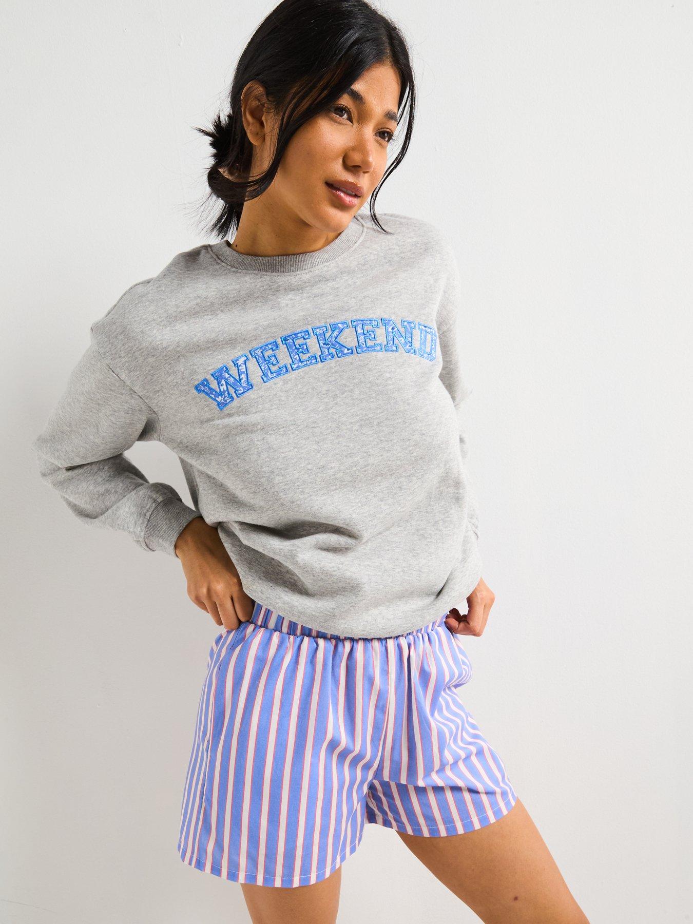 Image 4 of 5 of V by Very Slogan Sweat And Striped Short Pyjama Set - Grey