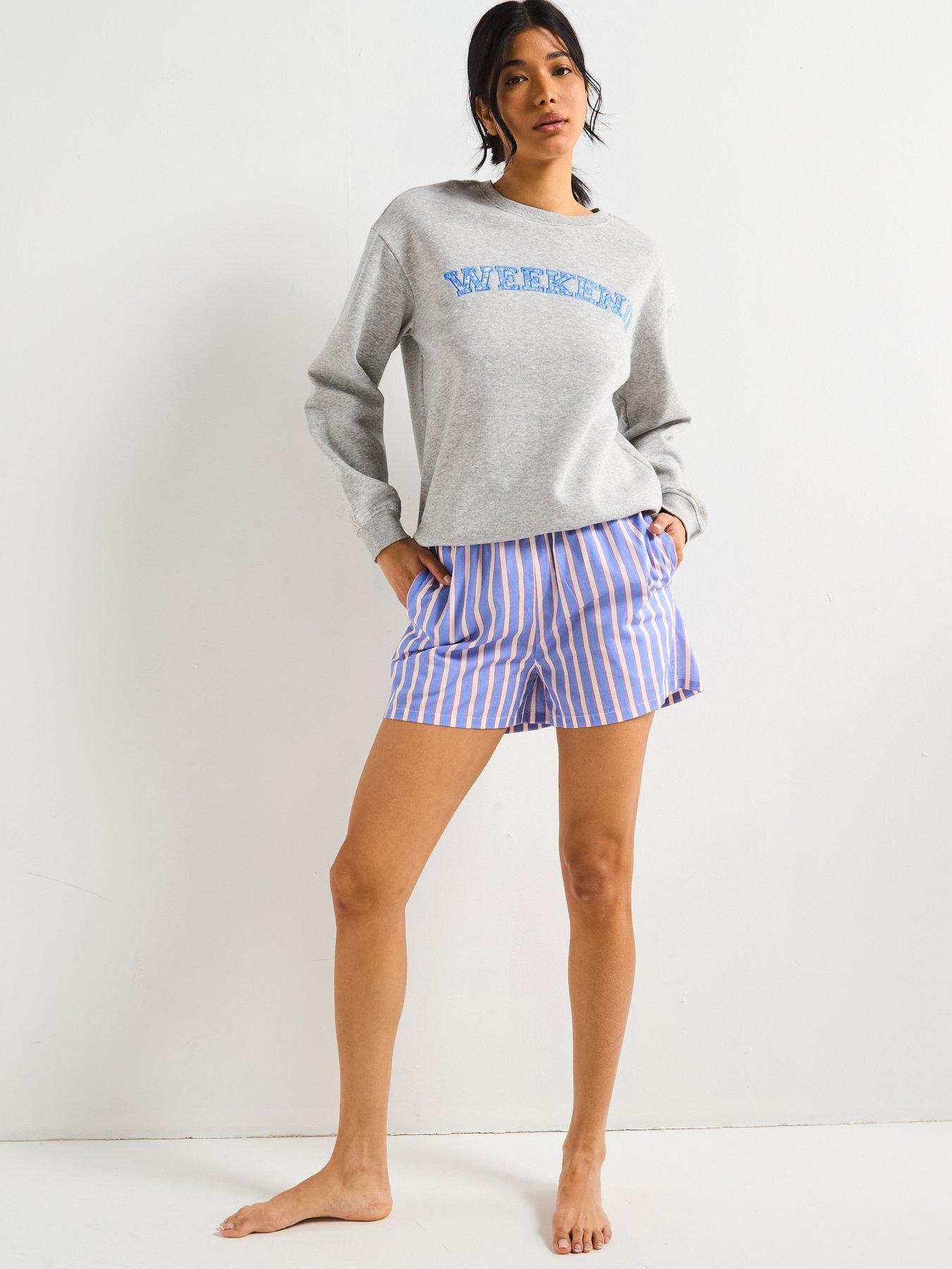 Image 5 of 5 of V by Very Slogan Sweat And Striped Short Pyjama Set - Grey