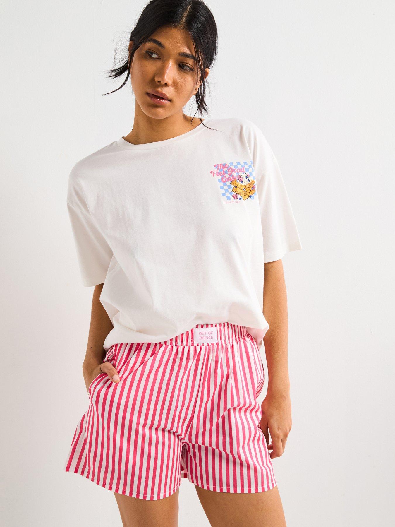 undefined Pancake Slogan Tshith With Striped Shorts Pj Set