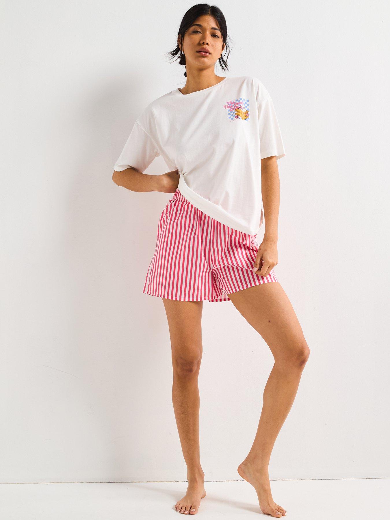 Image 3 of 6 of V by Very Pancake Slogan Tshirt&nbsp;With Striped Shorts Pj Set - White