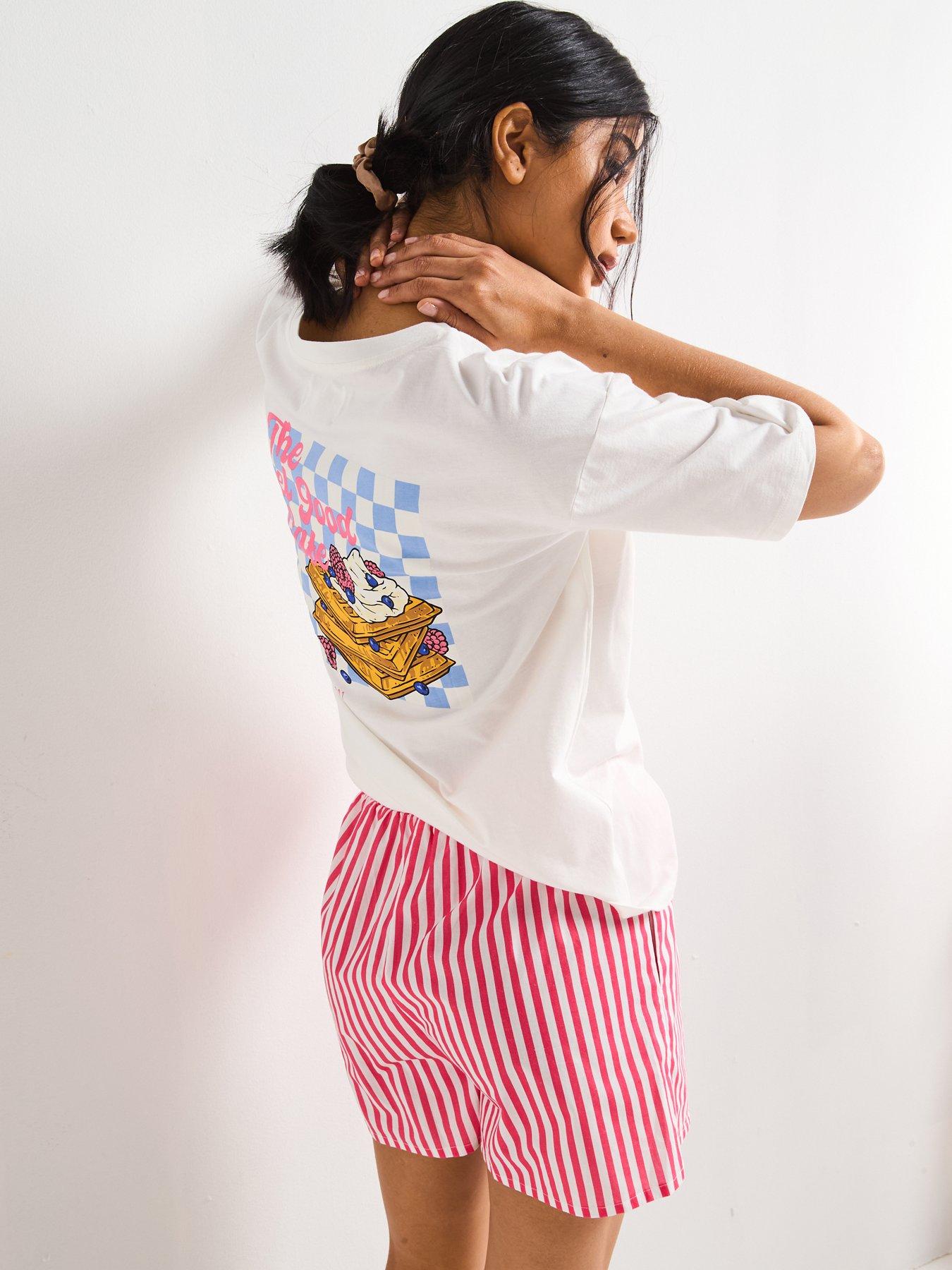 Image 5 of 6 of V by Very Pancake Slogan Tshirt&nbsp;With Striped Shorts Pj Set - White