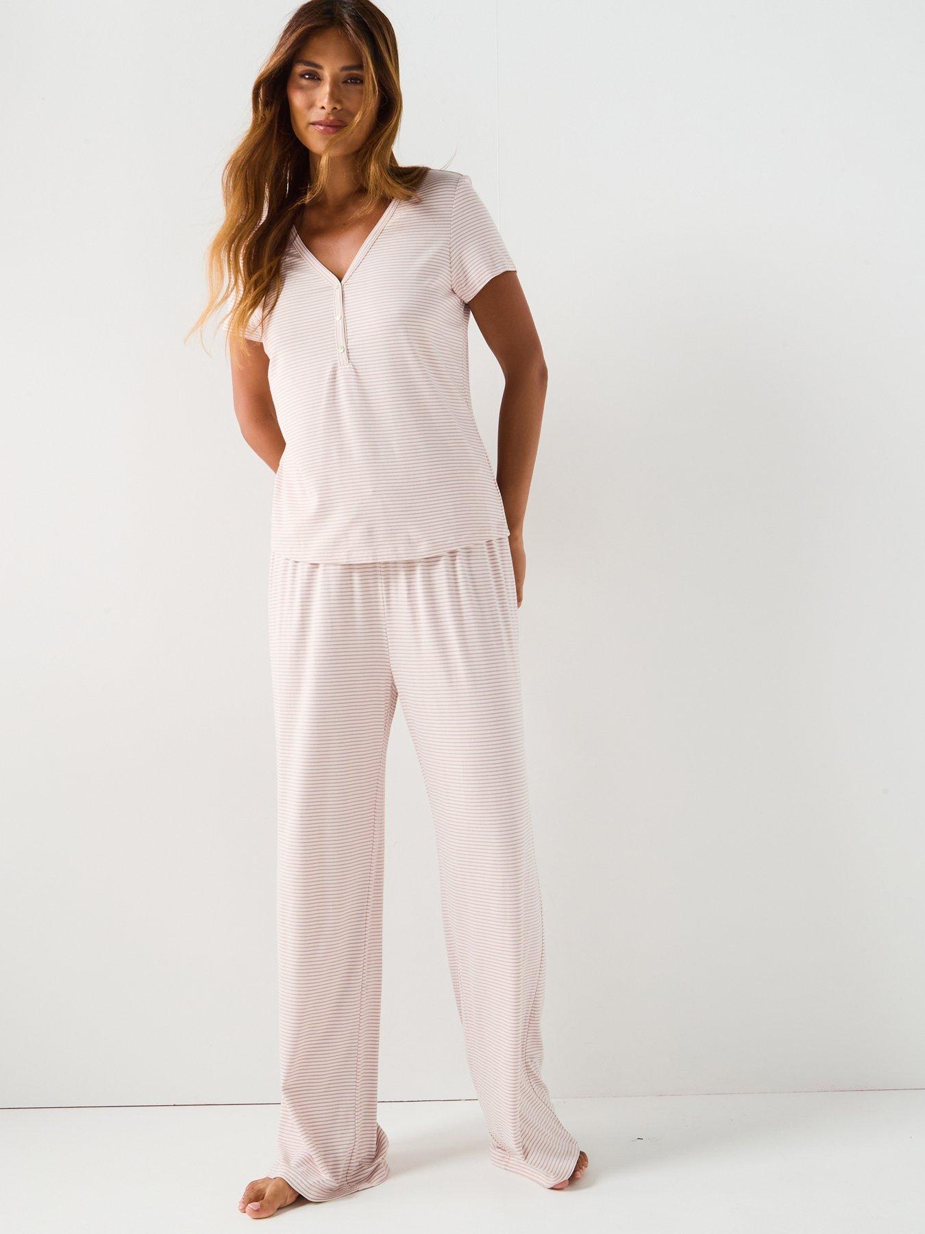 V by Very Jersey Henley Top With Stripe Wide Leg Trouser Pj Set - Pink