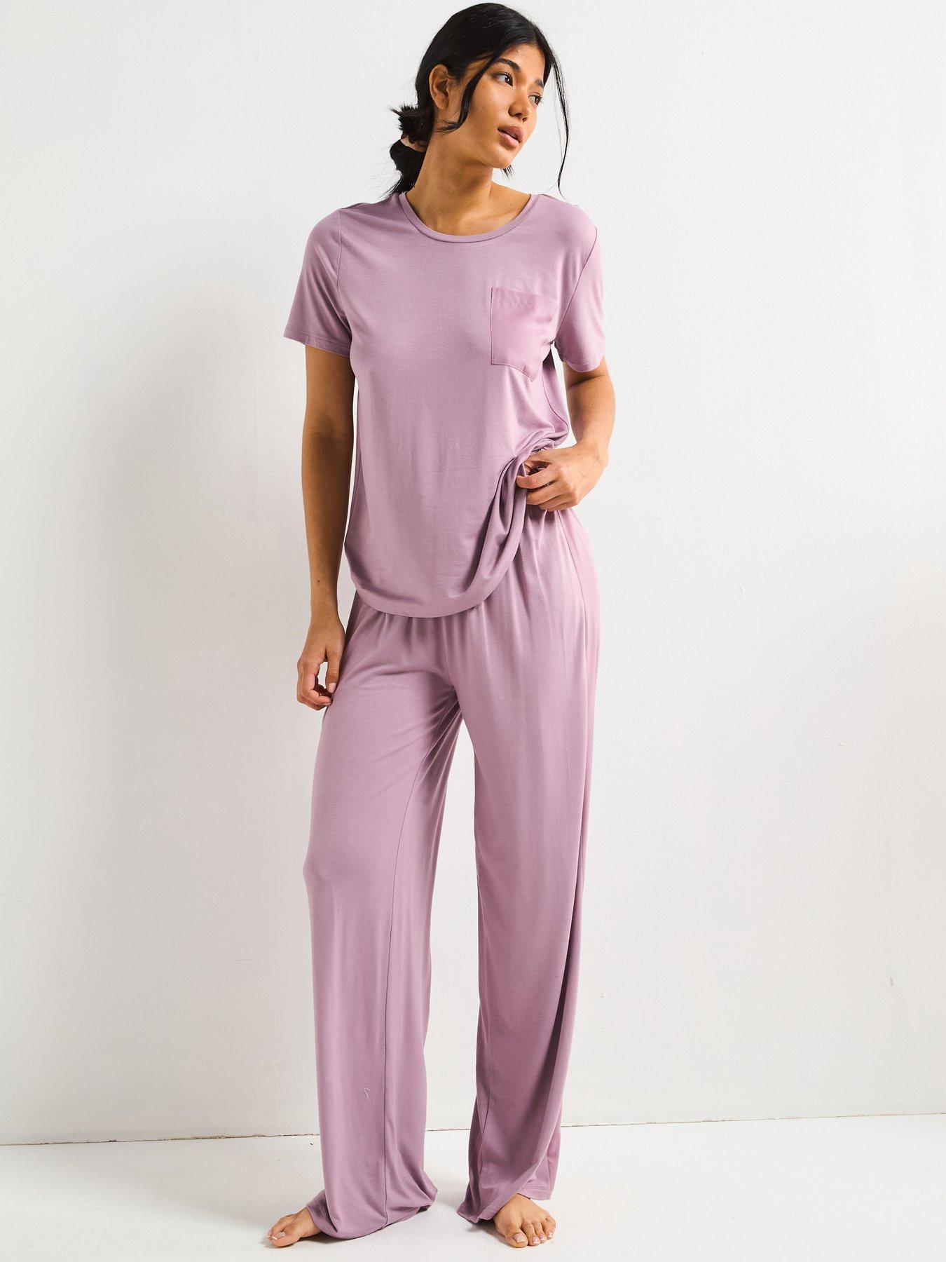 undefined Ve Short Sleeve Tshirt With Wide Leg Satin Trim Pj Set