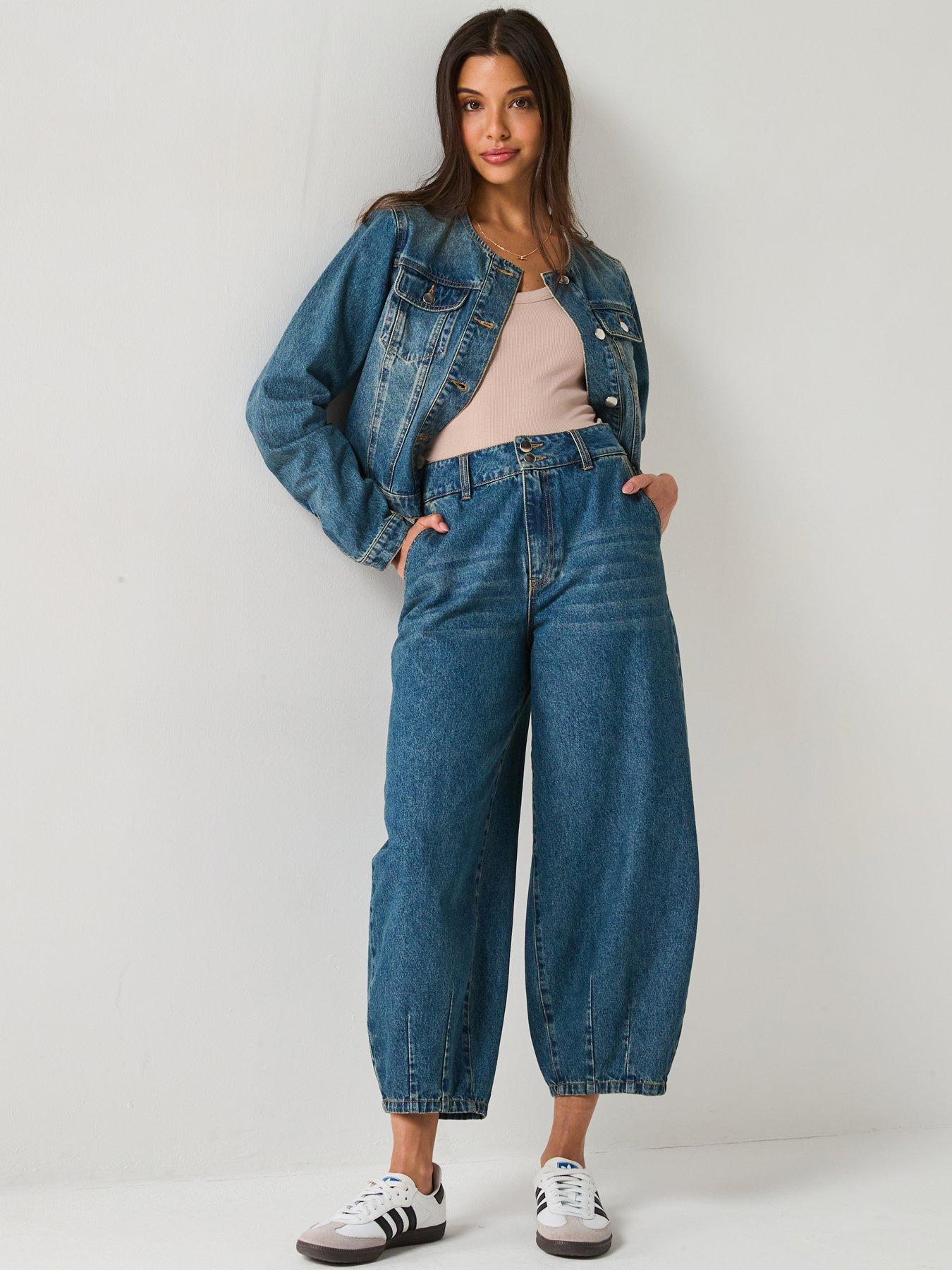 The Very Collection Double Button Barrel Leg Jeans - Mid Wash