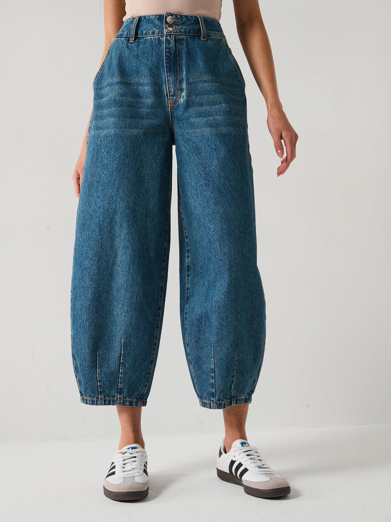 undefined Double Button Balloon Leg Jeans - Mid Wash