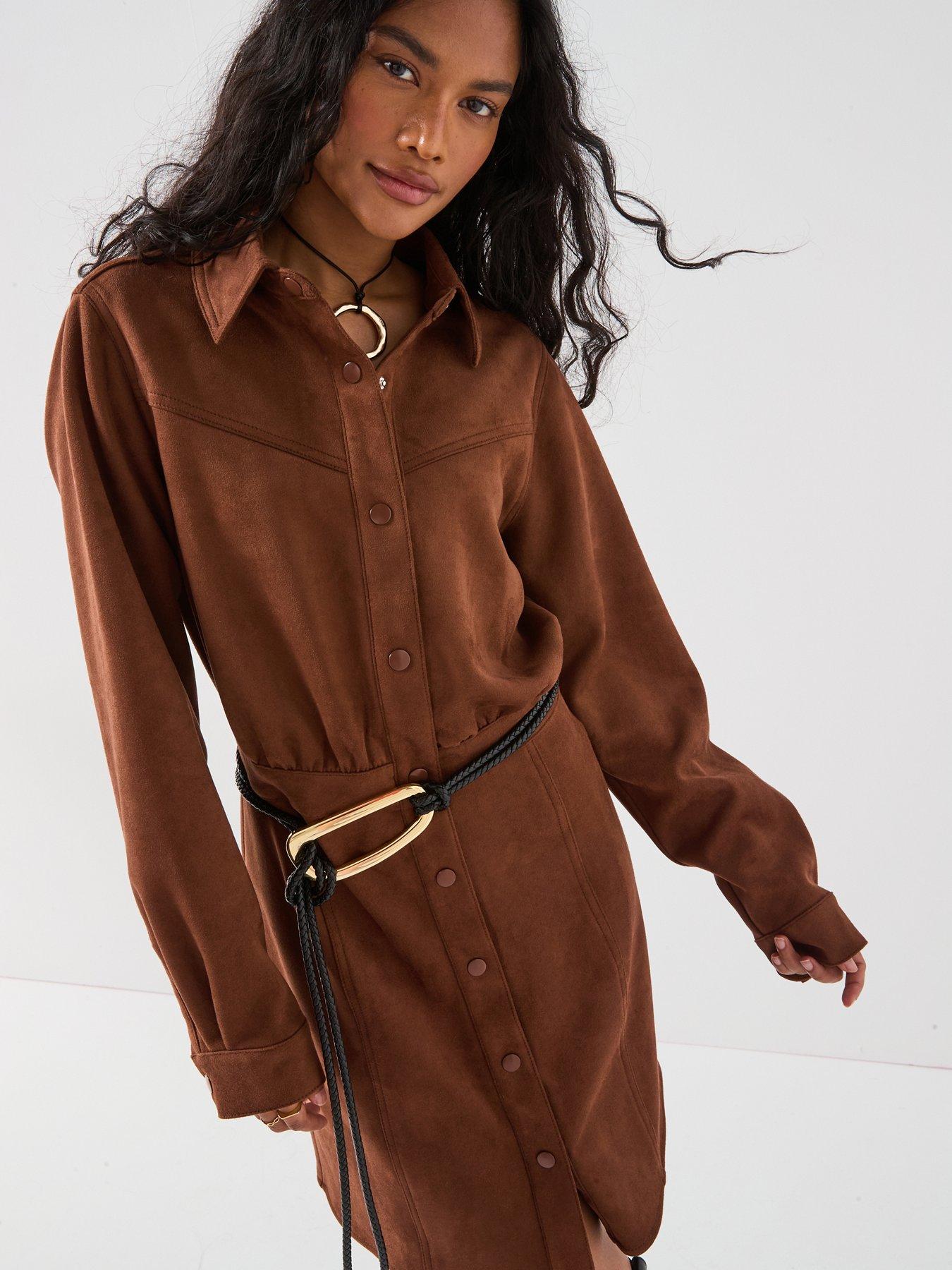undefined Suedette Western Dress - Chocolate - Brown
