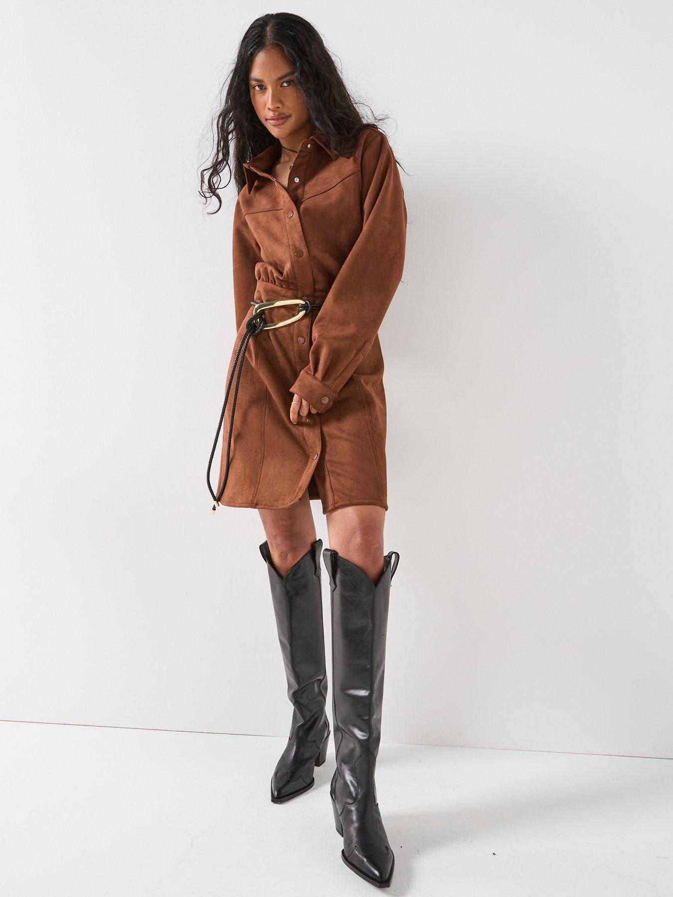 chocolate brown suede dress Mac Duggal Sleeveless Mesh And Suede A-line Mini Dress