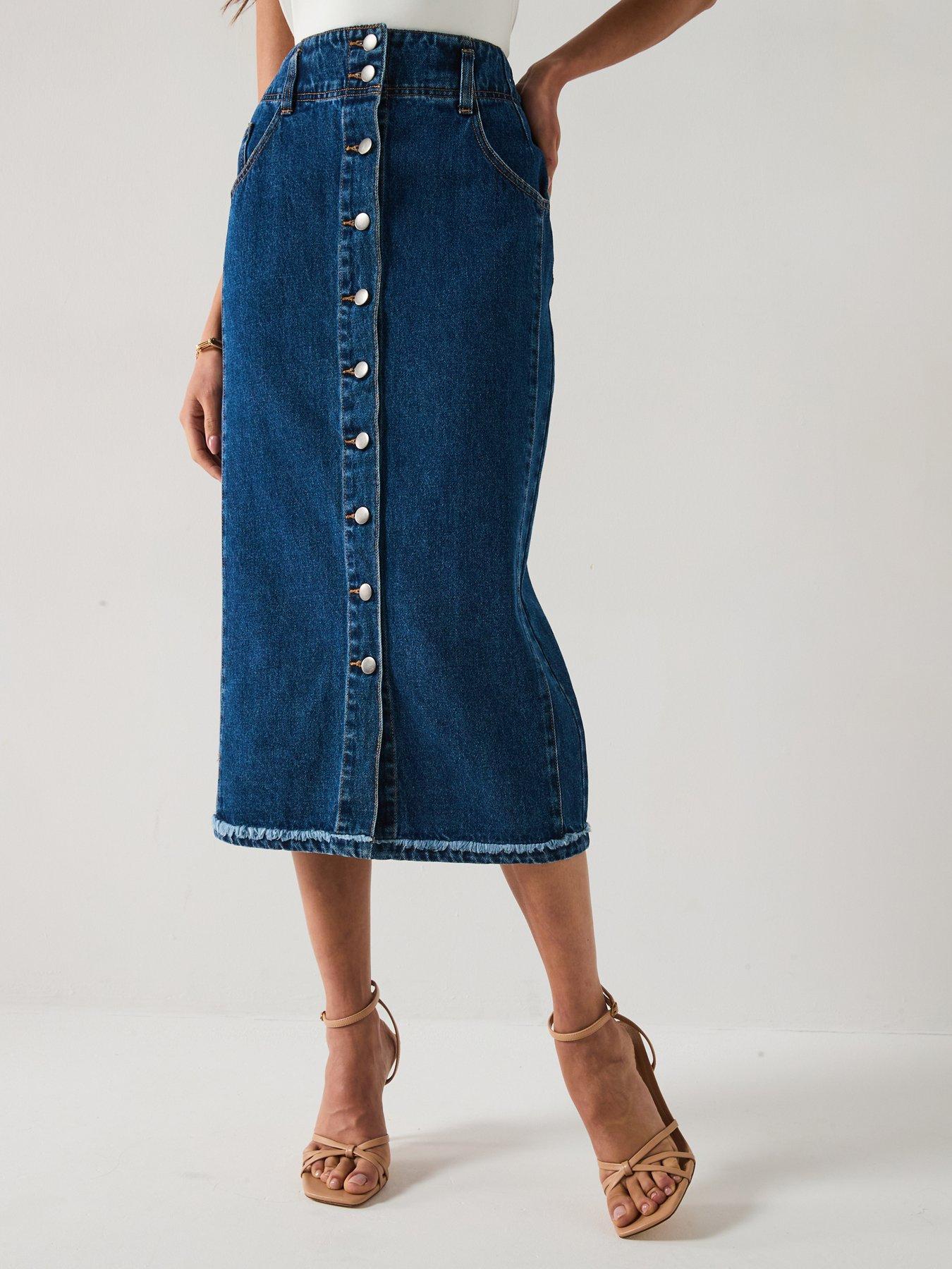 undefined Denim Button Through Midi Skirt - Dark Wash