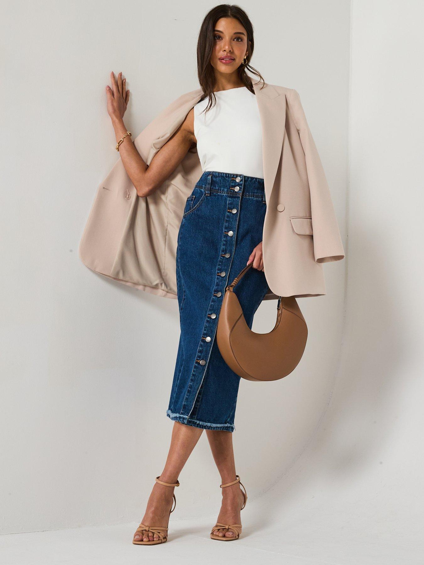 Image 3 of 6 of V by Very Denim Button Through Midi Skirt - Dark Wash