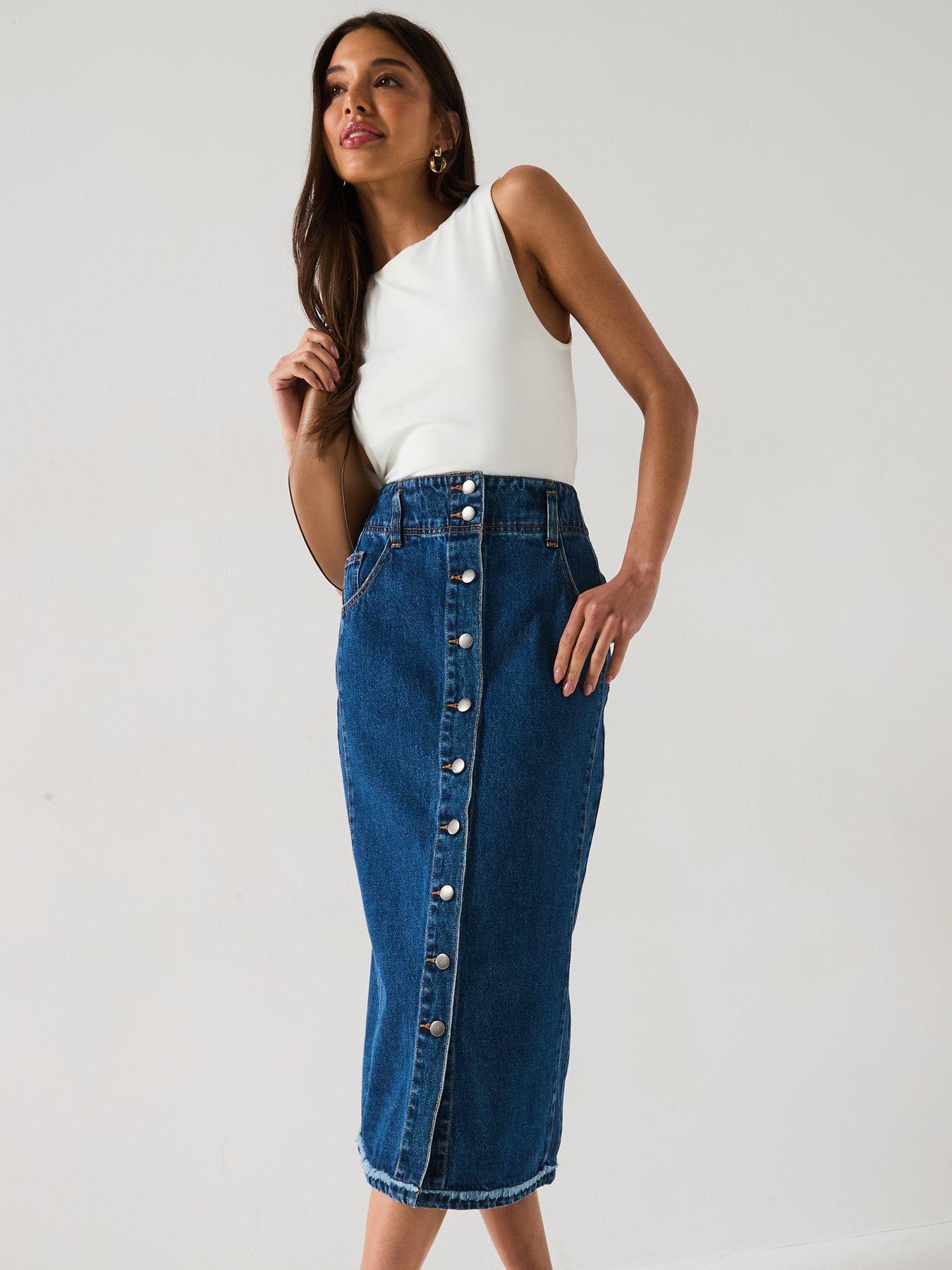 Image 4 of 6 of V by Very Denim Button Through Midi Skirt - Dark Wash