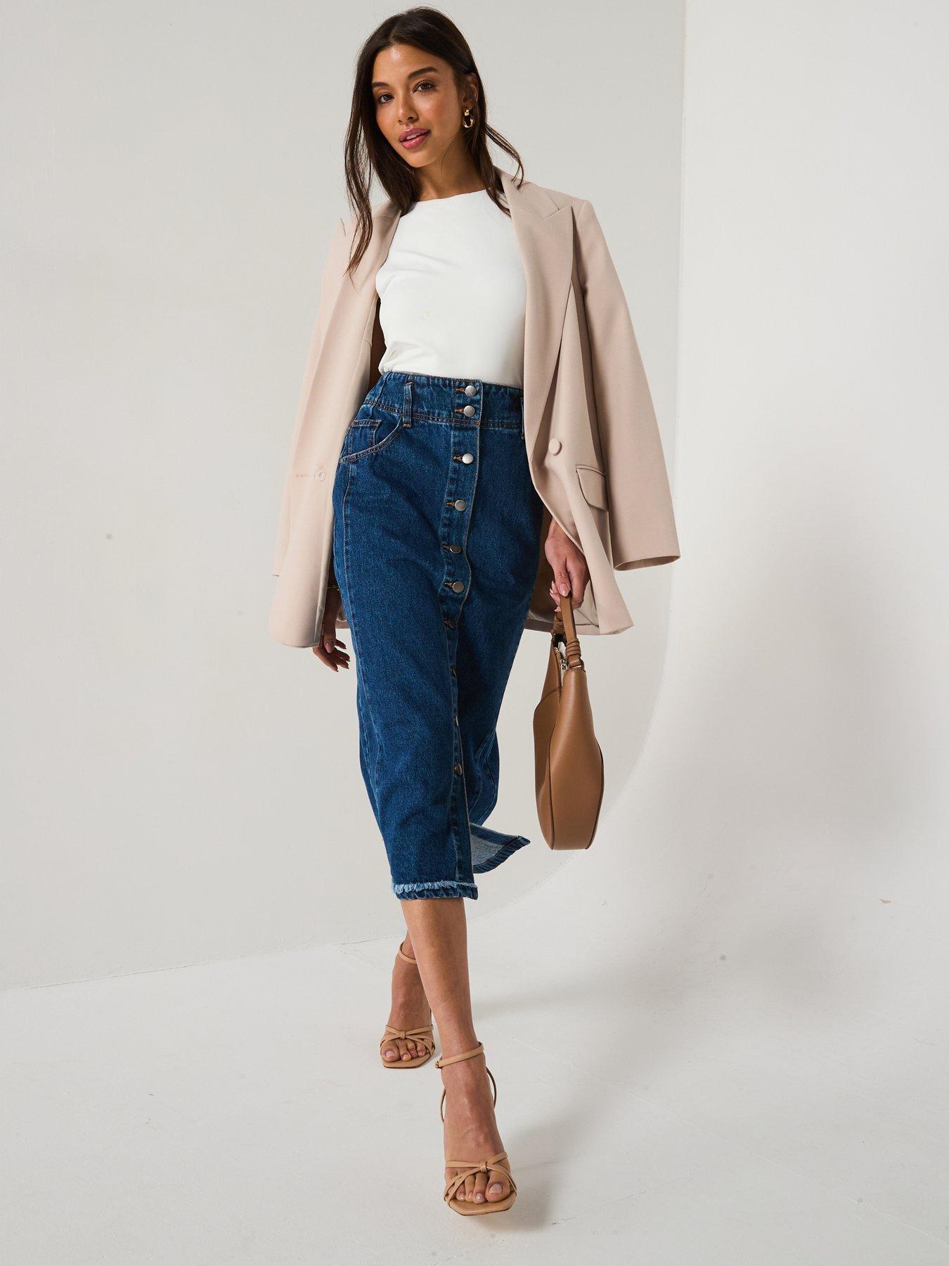 Image 6 of 6 of V by Very Denim Button Through Midi Skirt - Dark Wash