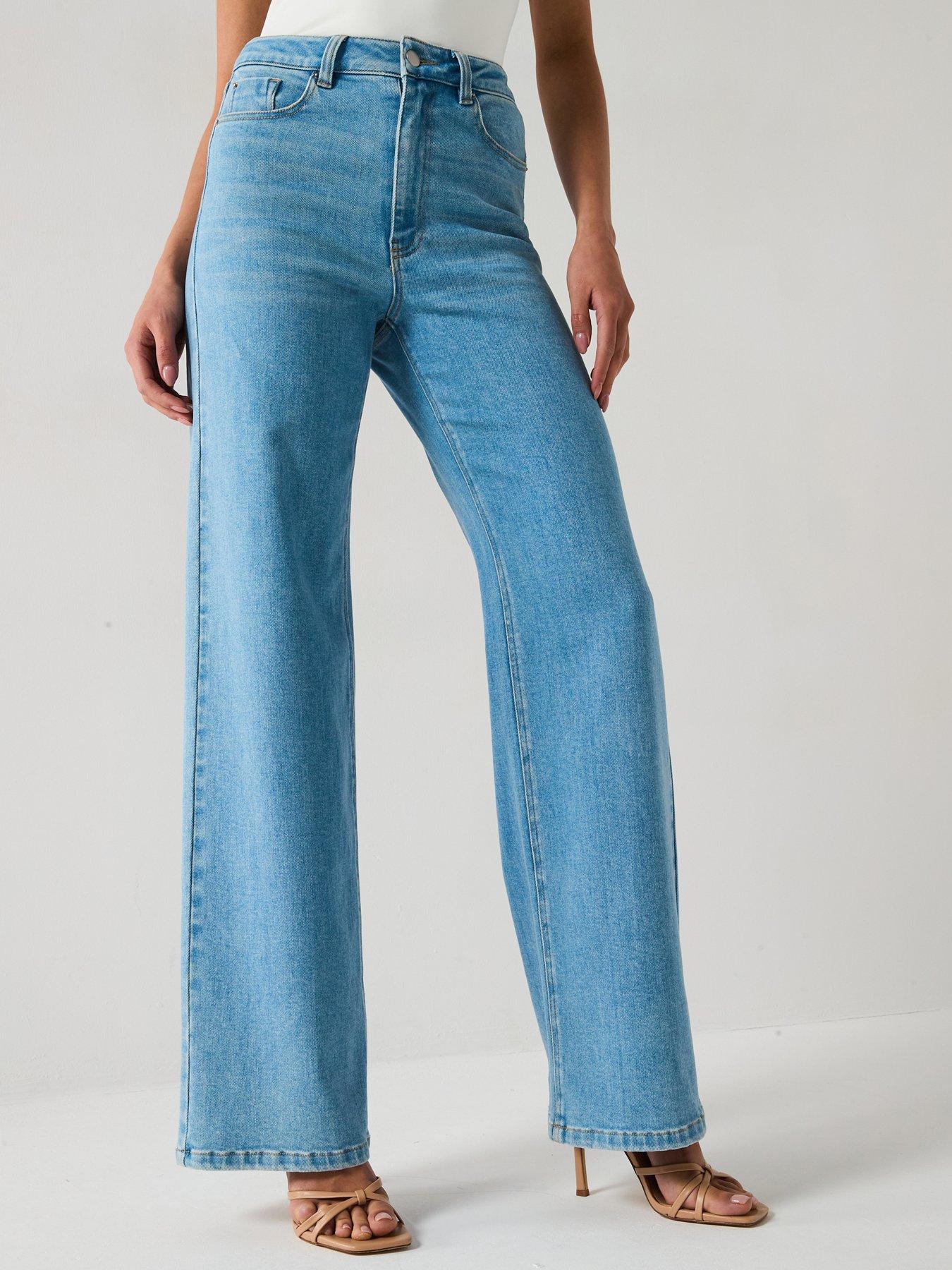 undefined Wide Leg Jeans With Stretch - Mid Wash