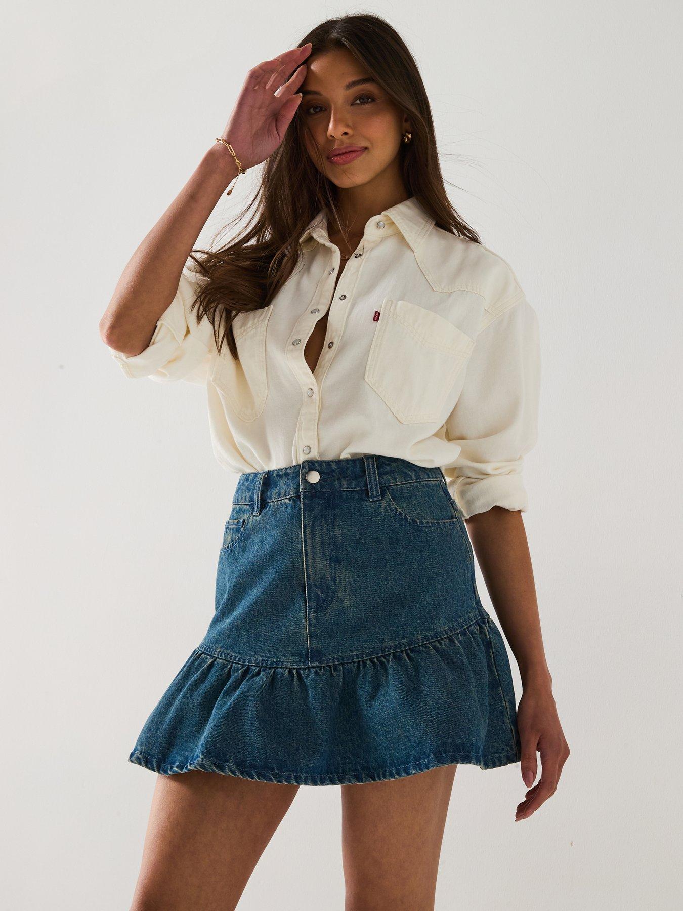 V by Very Denim Ruffle Skirt Dark Wash Very