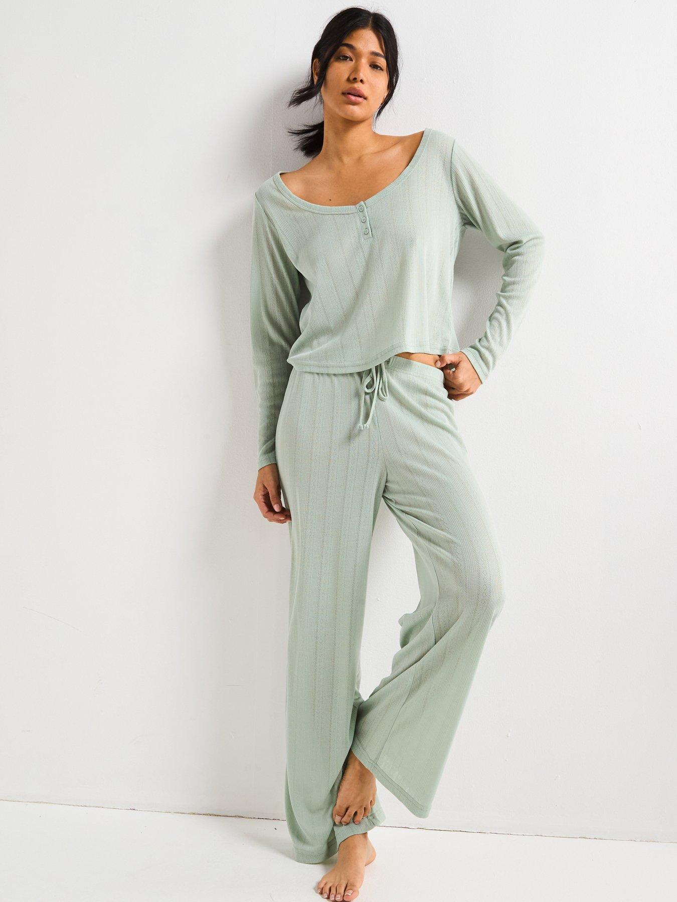 undefined Pointelle Henley With Floral Woven Wide Leg Pyjama Set - Green