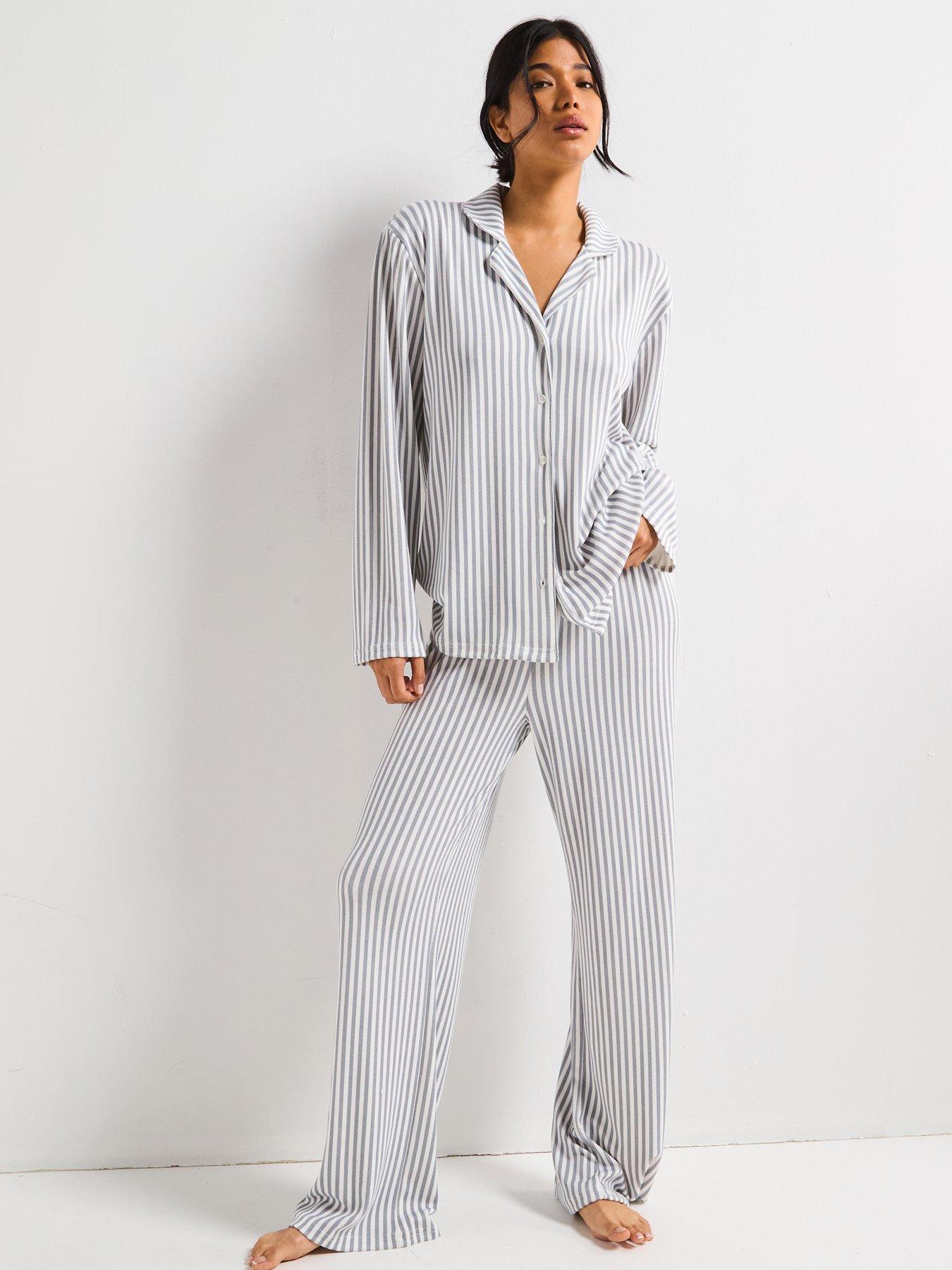 undefined Stripe Soft Touch Jersey Revere Pyjama Set - Dark Grey
