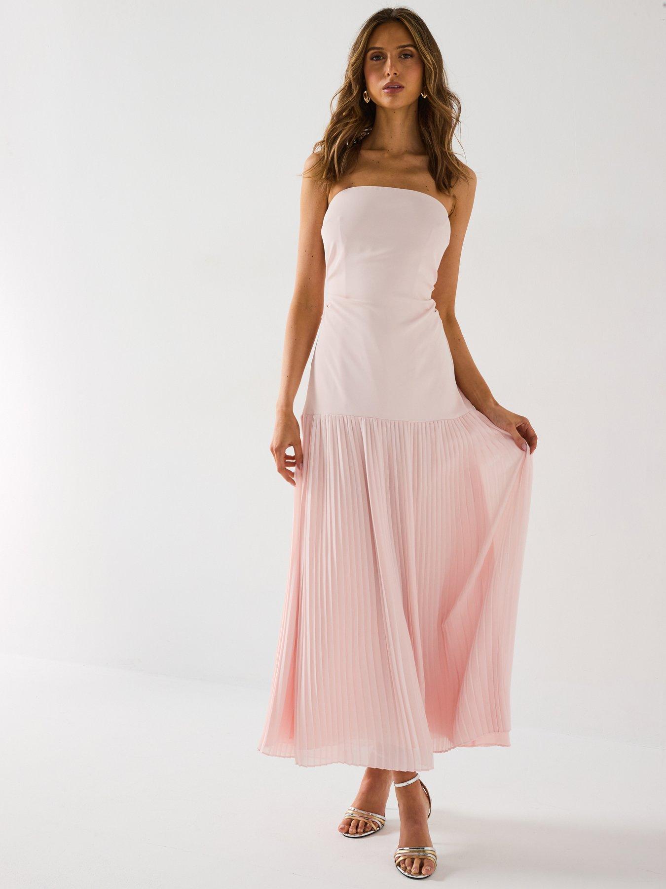 Six Stories Pleated Skirt Crepe Bandeau Midi Dress - Pink | Very