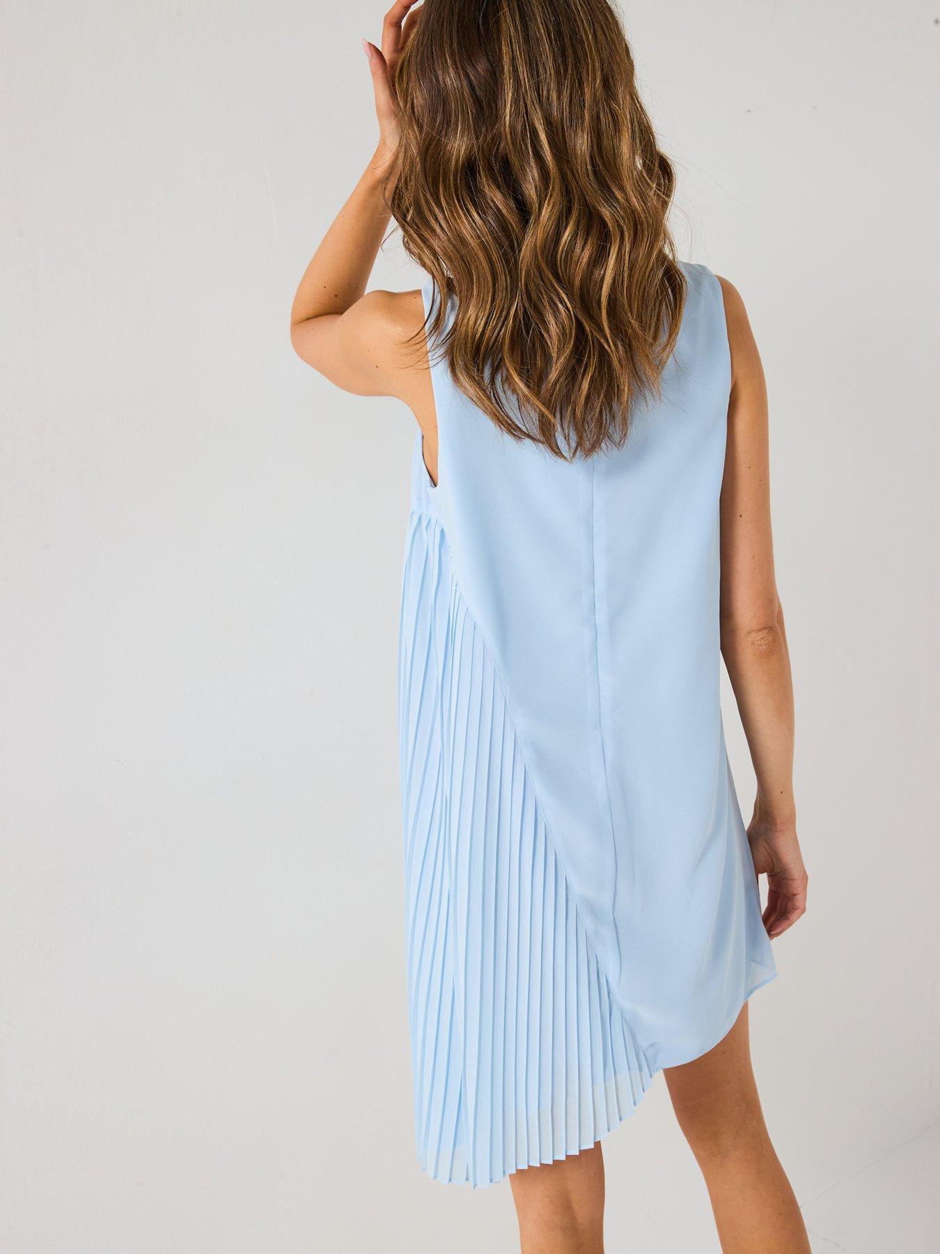 Image 2 of 6 of Six Stories Pleated Asymmetrical High Neck Mini Dress - Blue