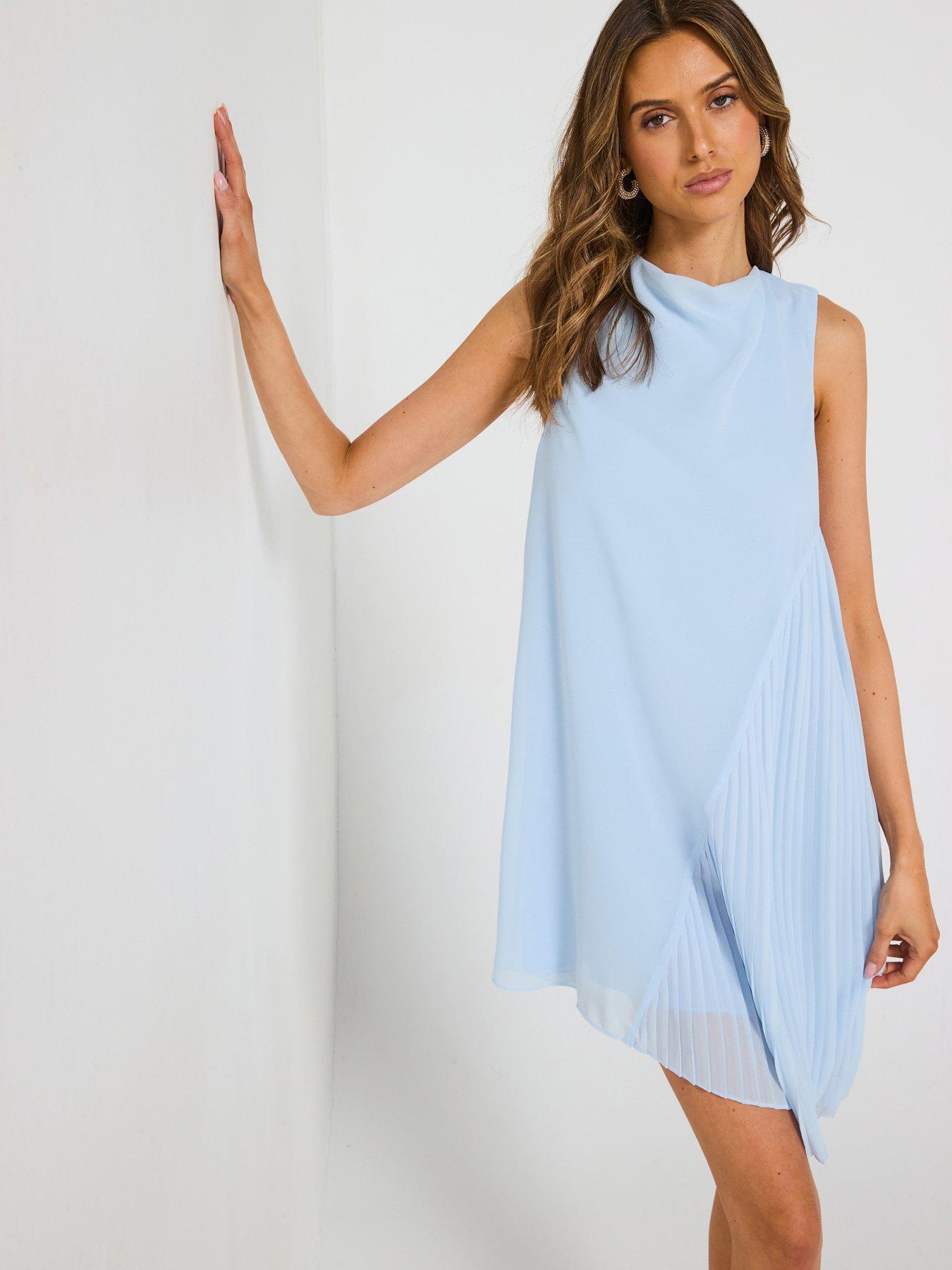 Image 3 of 6 of Six Stories Pleated Asymmetrical High Neck Mini Dress - Blue