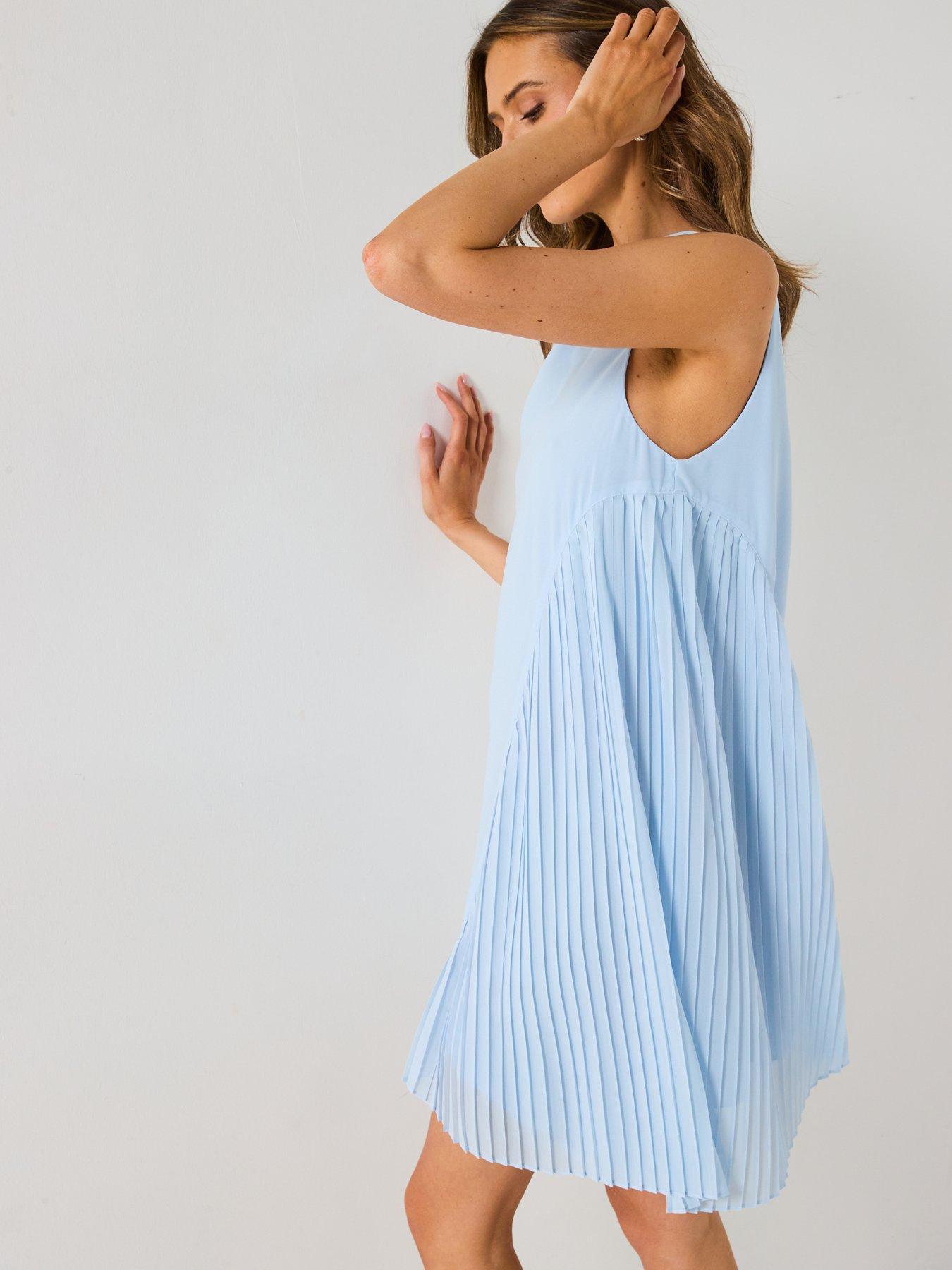Image 5 of 6 of Six Stories Pleated Asymmetrical High Neck Mini Dress - Blue
