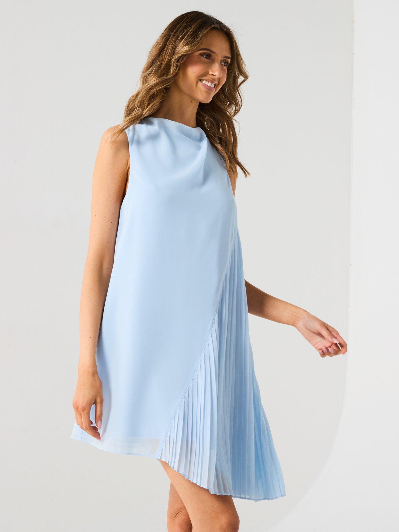Image 6 of 6 of Six Stories Pleated Asymmetrical High Neck Mini Dress - Blue