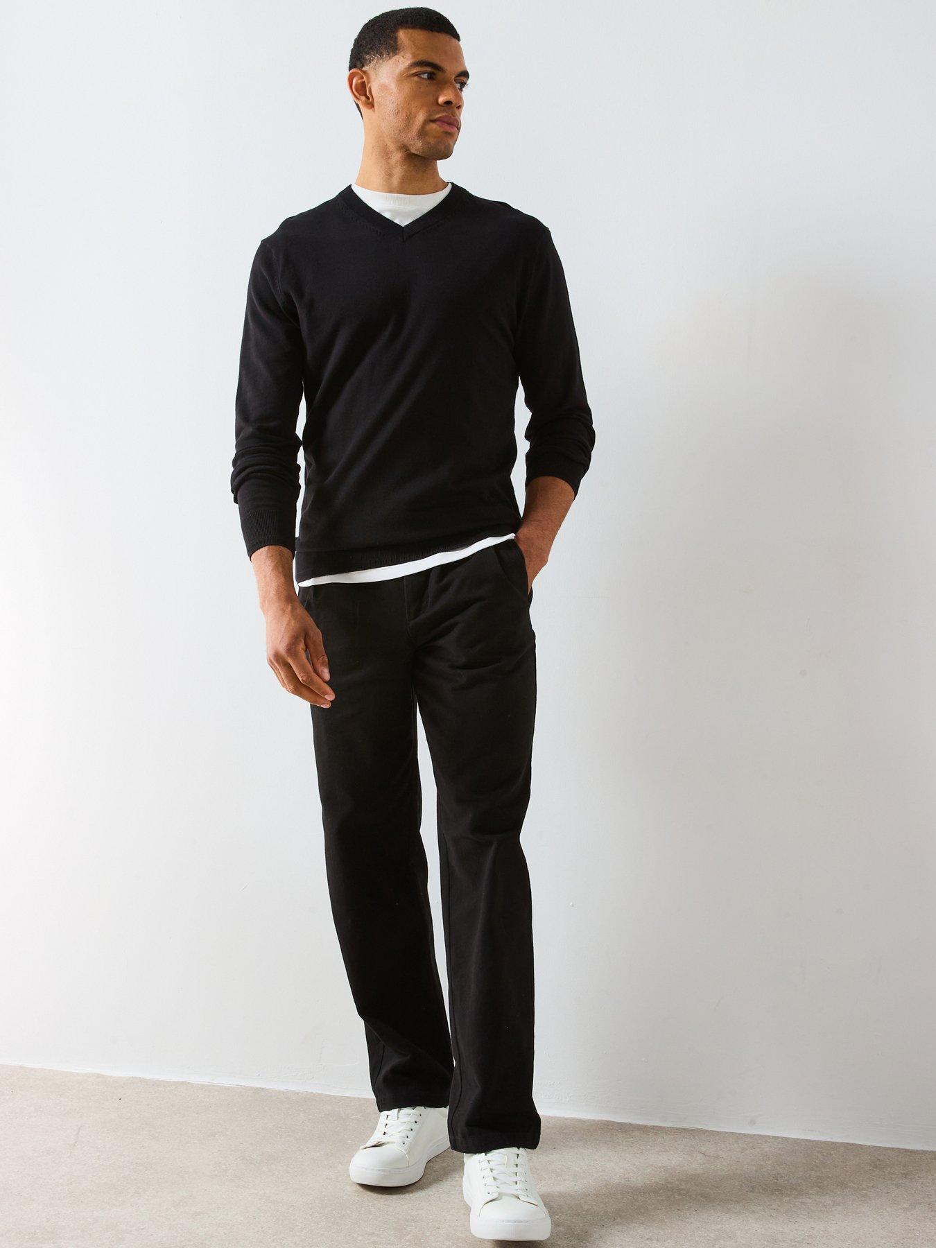 undefined Cotton Rich Knitted V Neck Jumper - Black