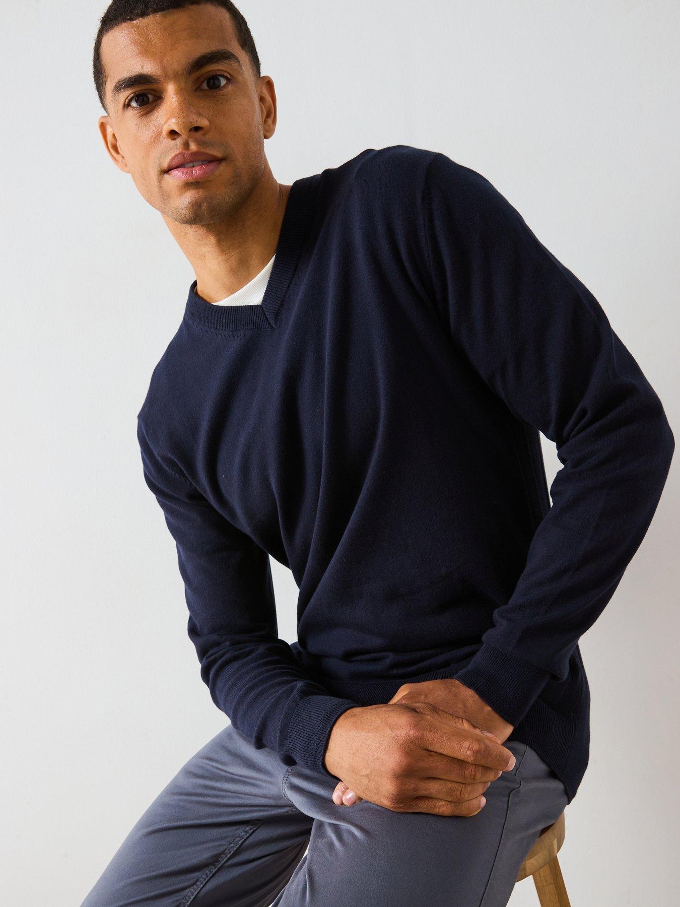undefined Cotton Rich Knitted V Neck Jumper - Navy