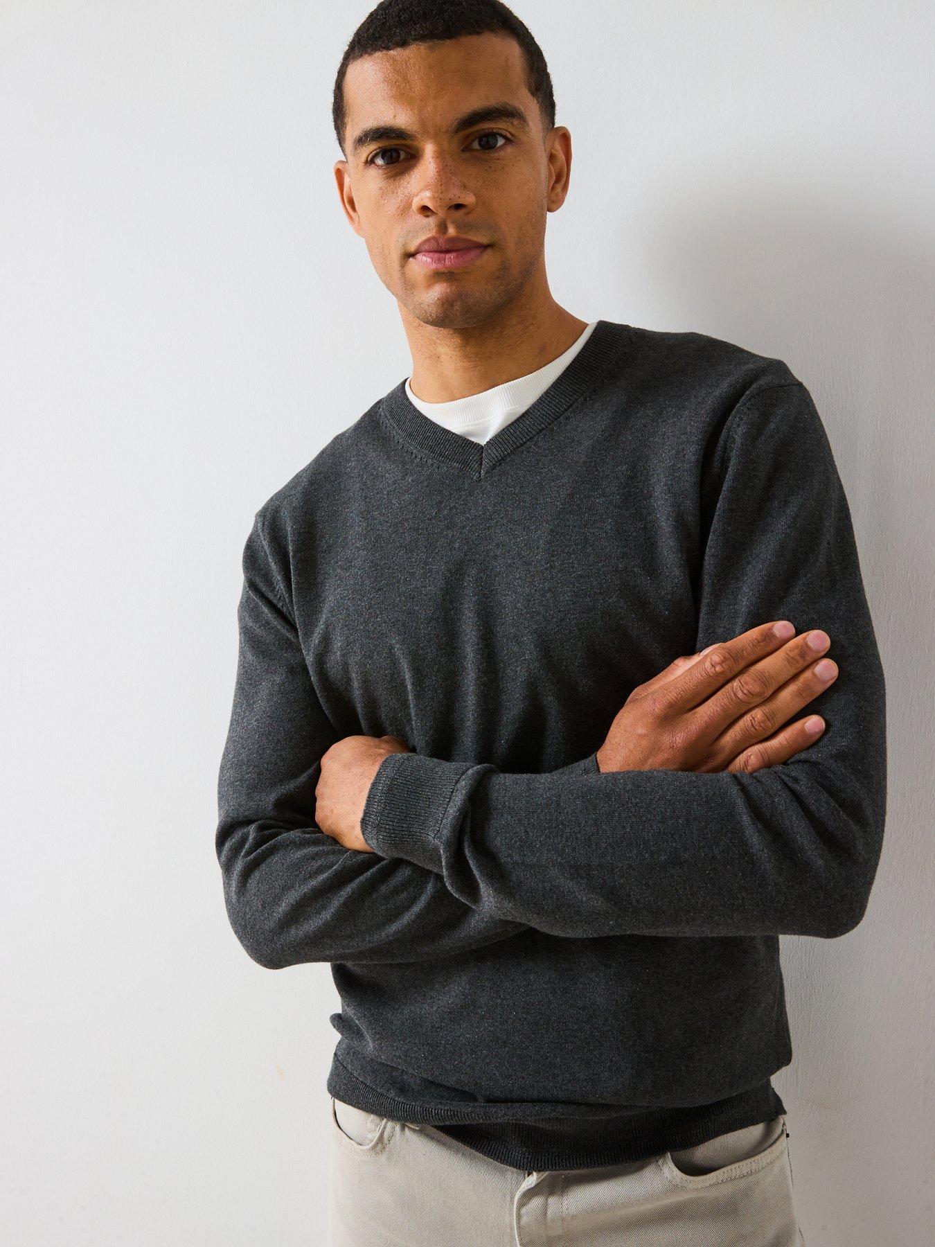 undefined Cotton Rich Knitted V Neck Jumper - Charcoal