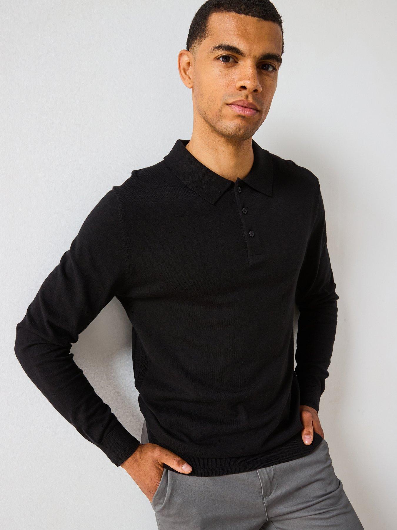 undefined Cotton Rich Knitted Long Sleeve Polo Top - Black