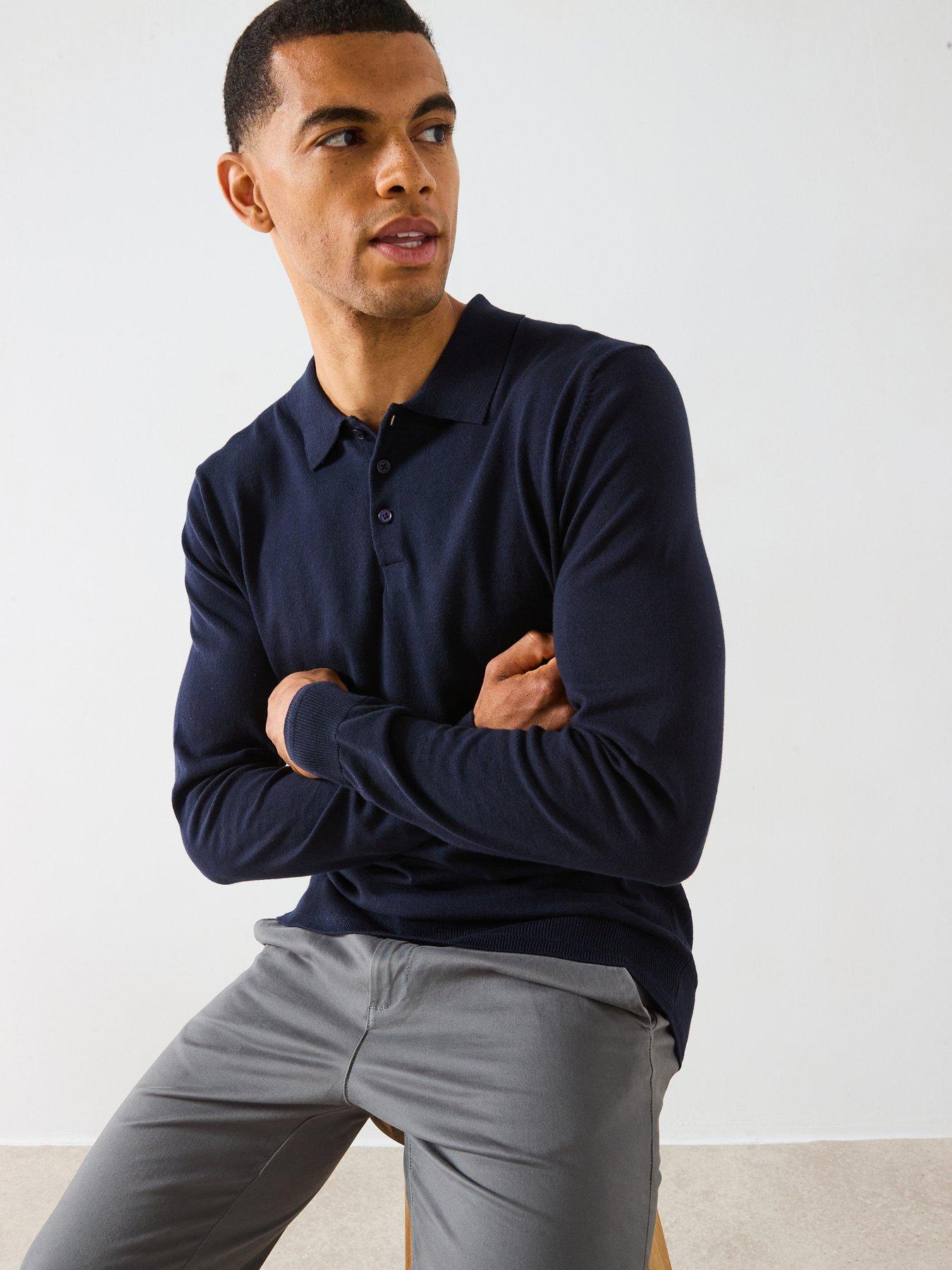 Image 1 of 5 of Very Man Cotton Rich Knitted Long Sleeve Polo Top - Navy