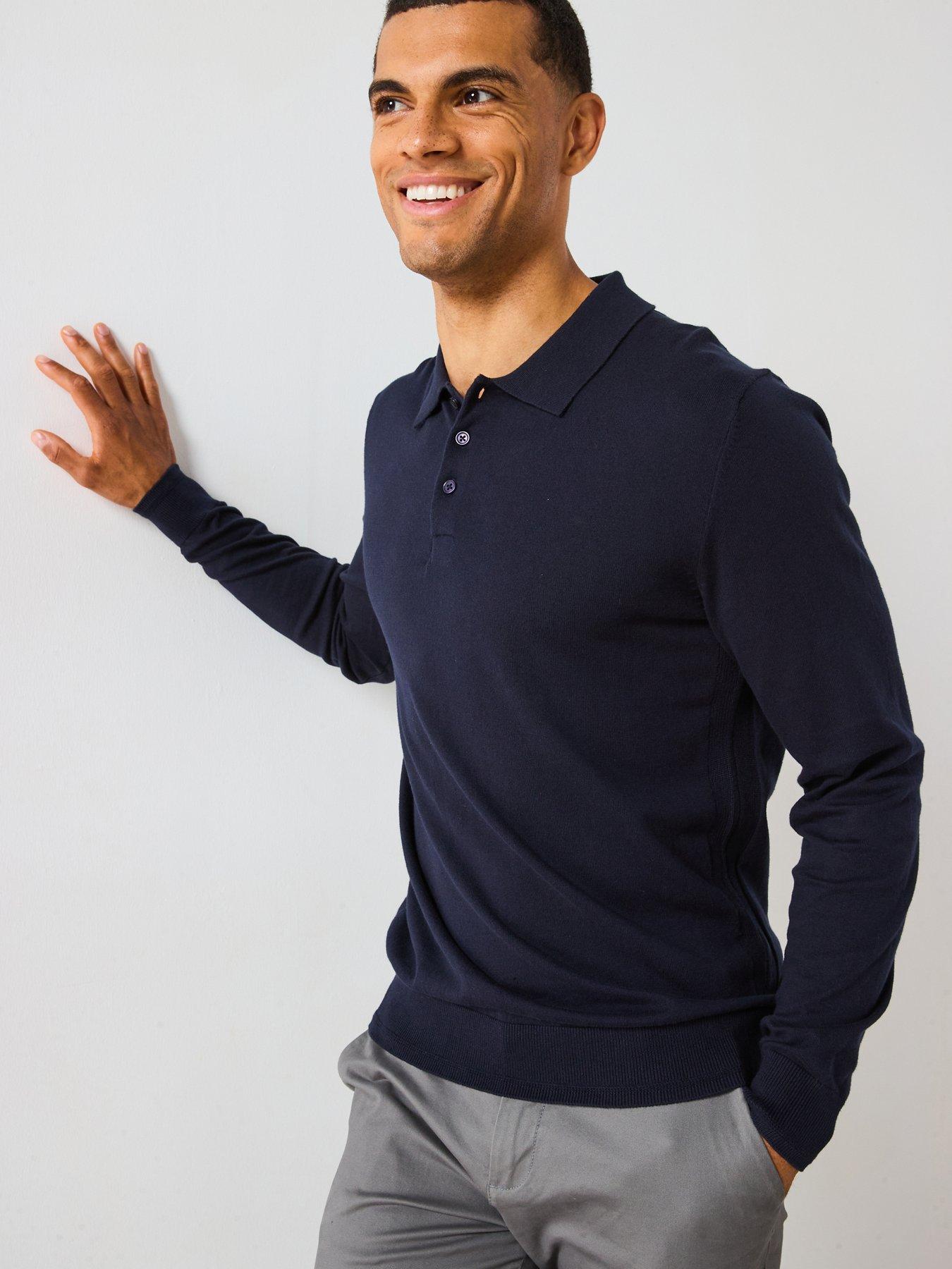 Image 4 of 5 of Very Man Cotton Rich Knitted Long Sleeve Polo Top - Navy