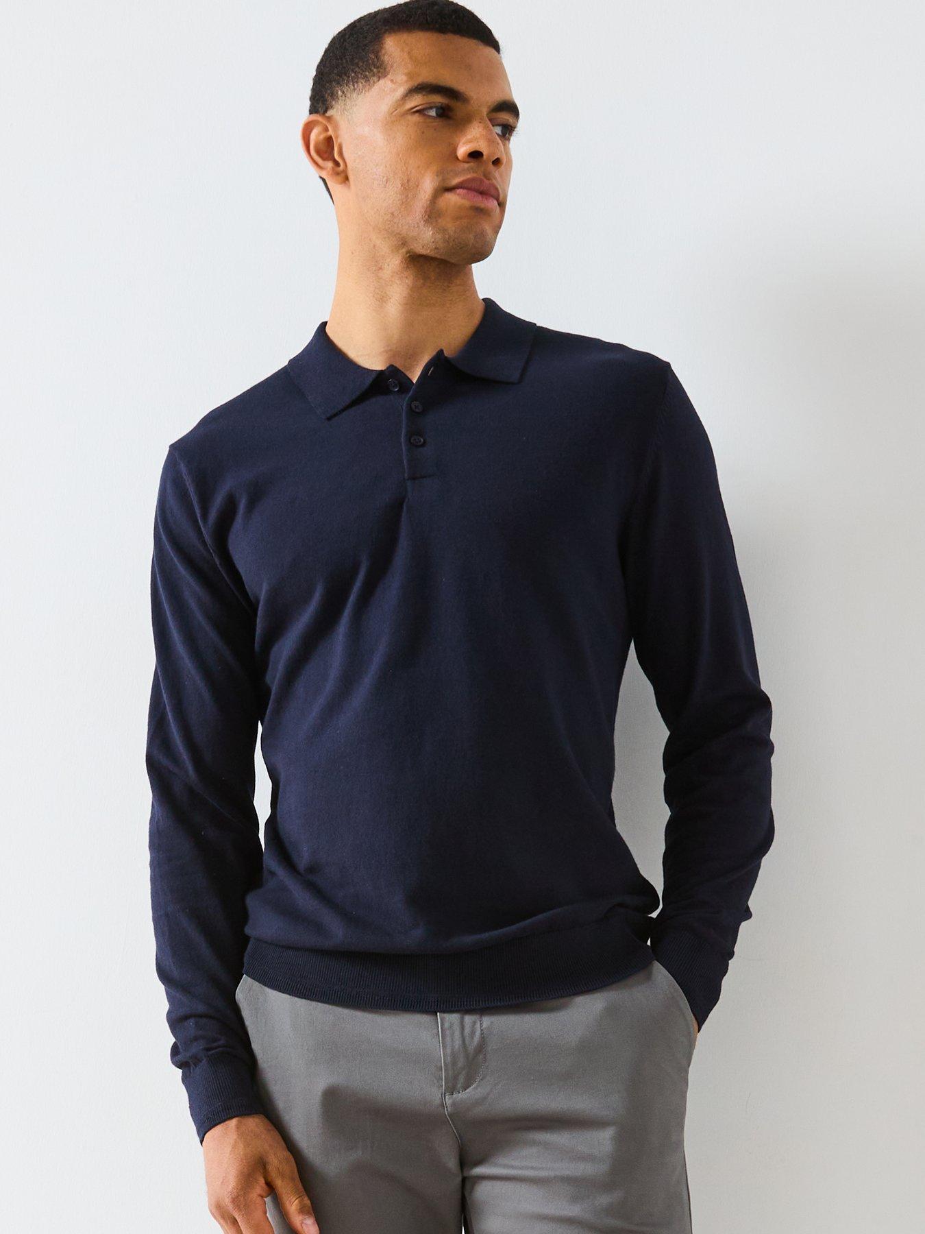 Image 5 of 5 of Very Man Cotton Rich Knitted Long Sleeve Polo Top - Navy