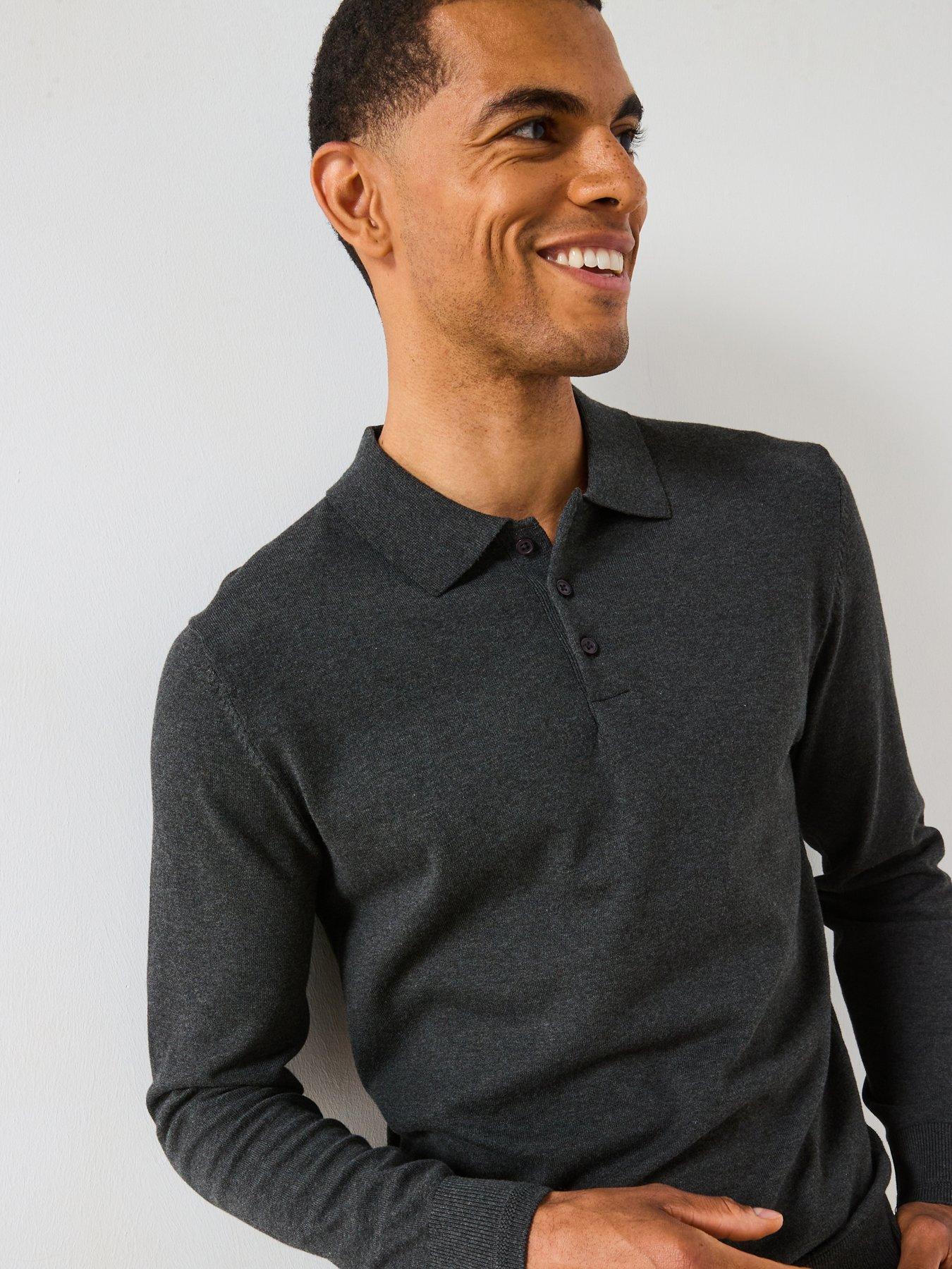 undefined Cotton Rich Knitted Long Sleeve Polo Top - Charcoal