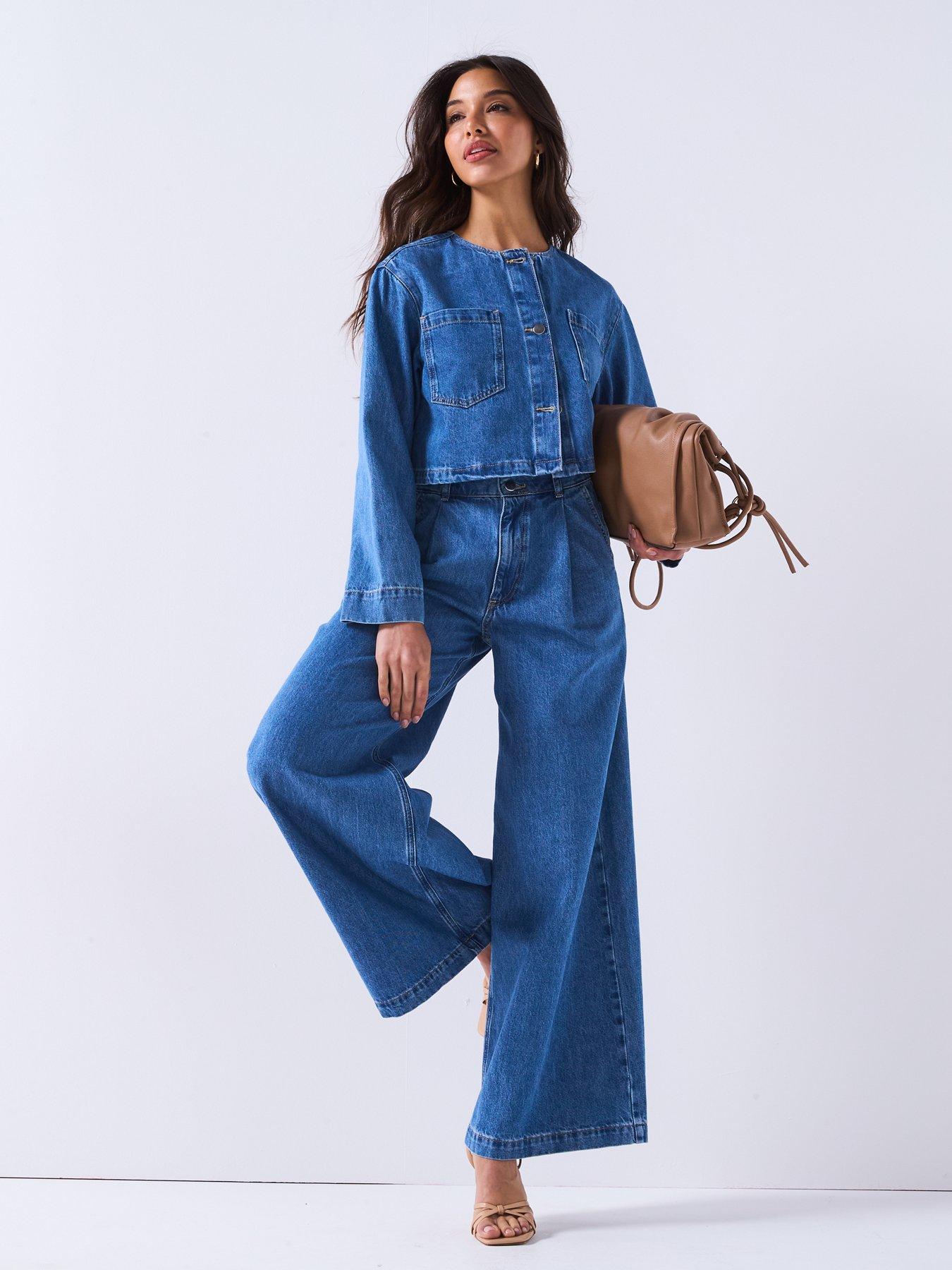 Image 3 of 6 of V by Very High Waist Palazzo Co-Ord Jeans - Mid Wash