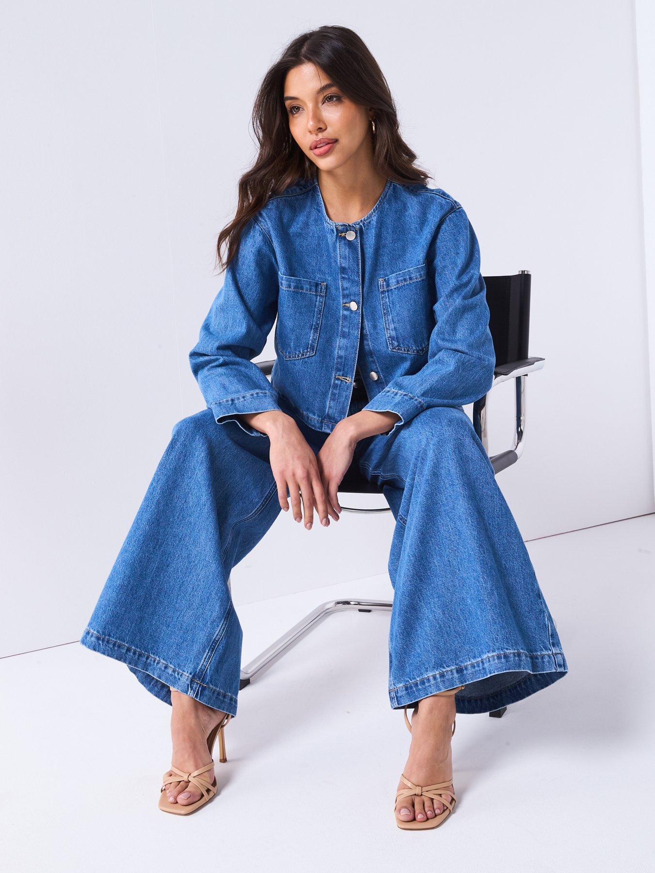 Image 4 of 6 of V by Very High Waist Palazzo Co-Ord Jeans - Mid Wash