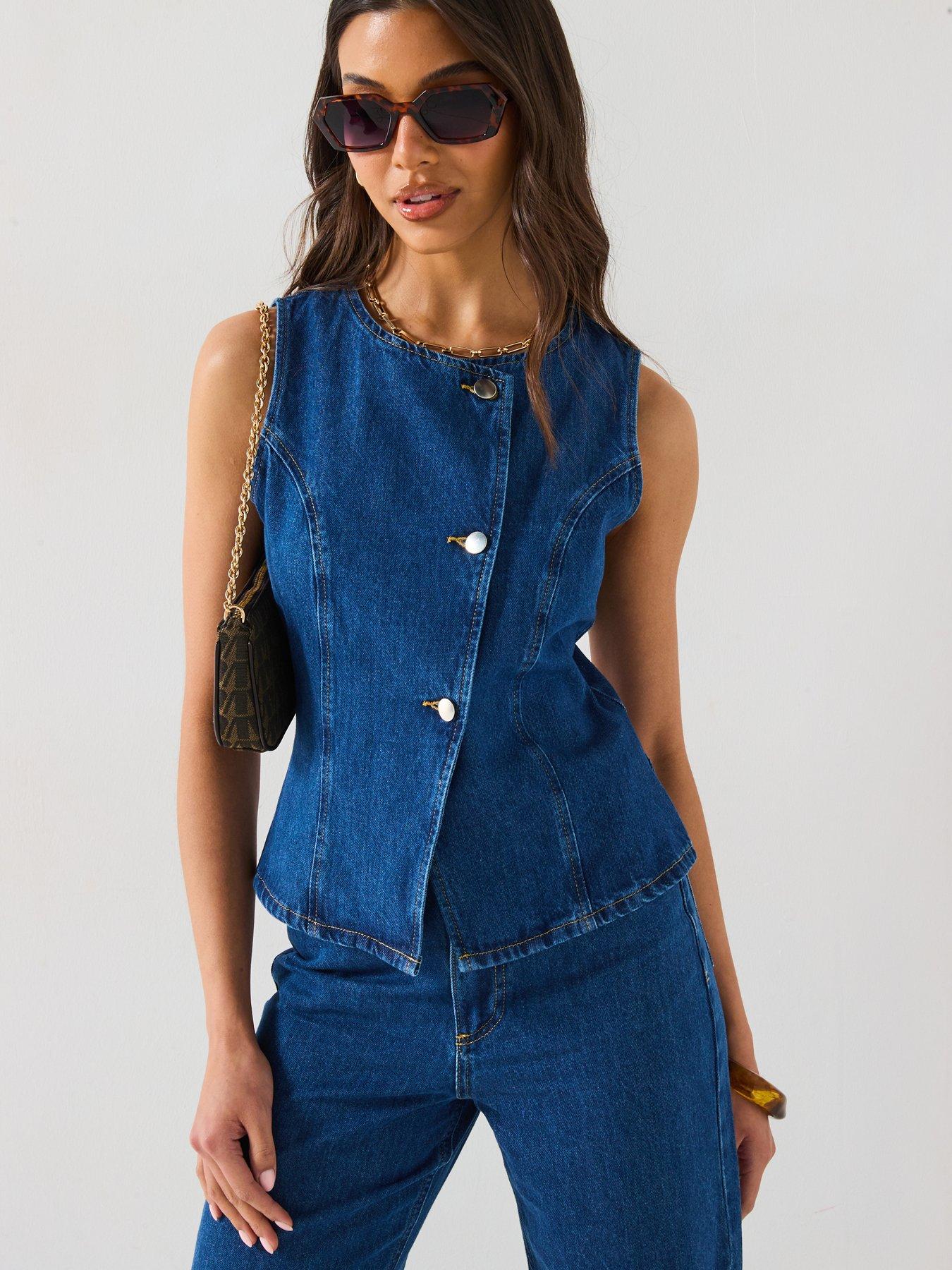 Image 1 of 6 of V by Very Denim Asymmetric Button Co-Ord Top - Mid Wash