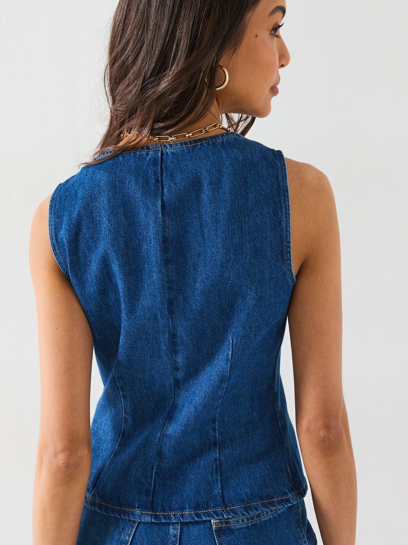 Image 2 of 6 of V by Very Denim Asymmetric Button Co-Ord Top - Mid Wash